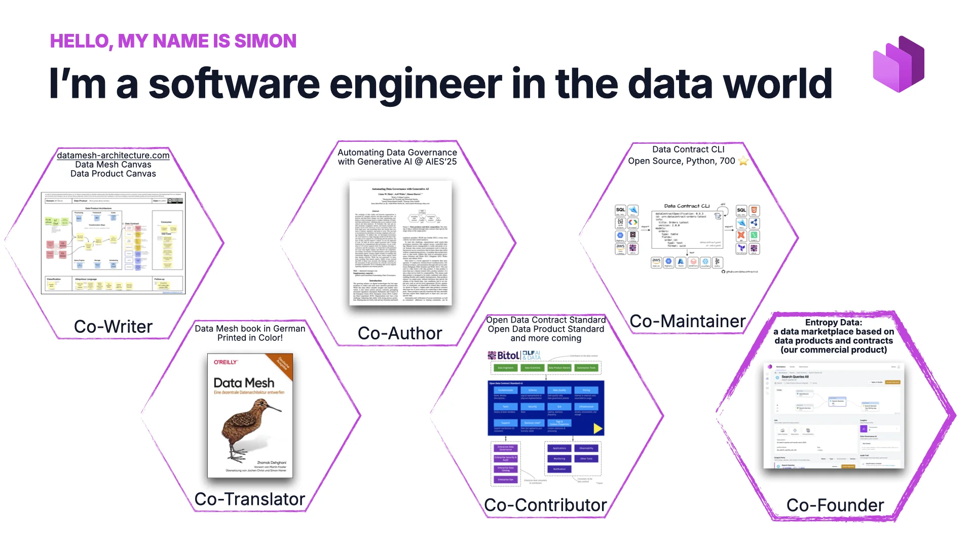 Slide 3: Software engineer in the data world — co-writer, co-translator, co-author, co-contributor, co-maintainer, co-founder