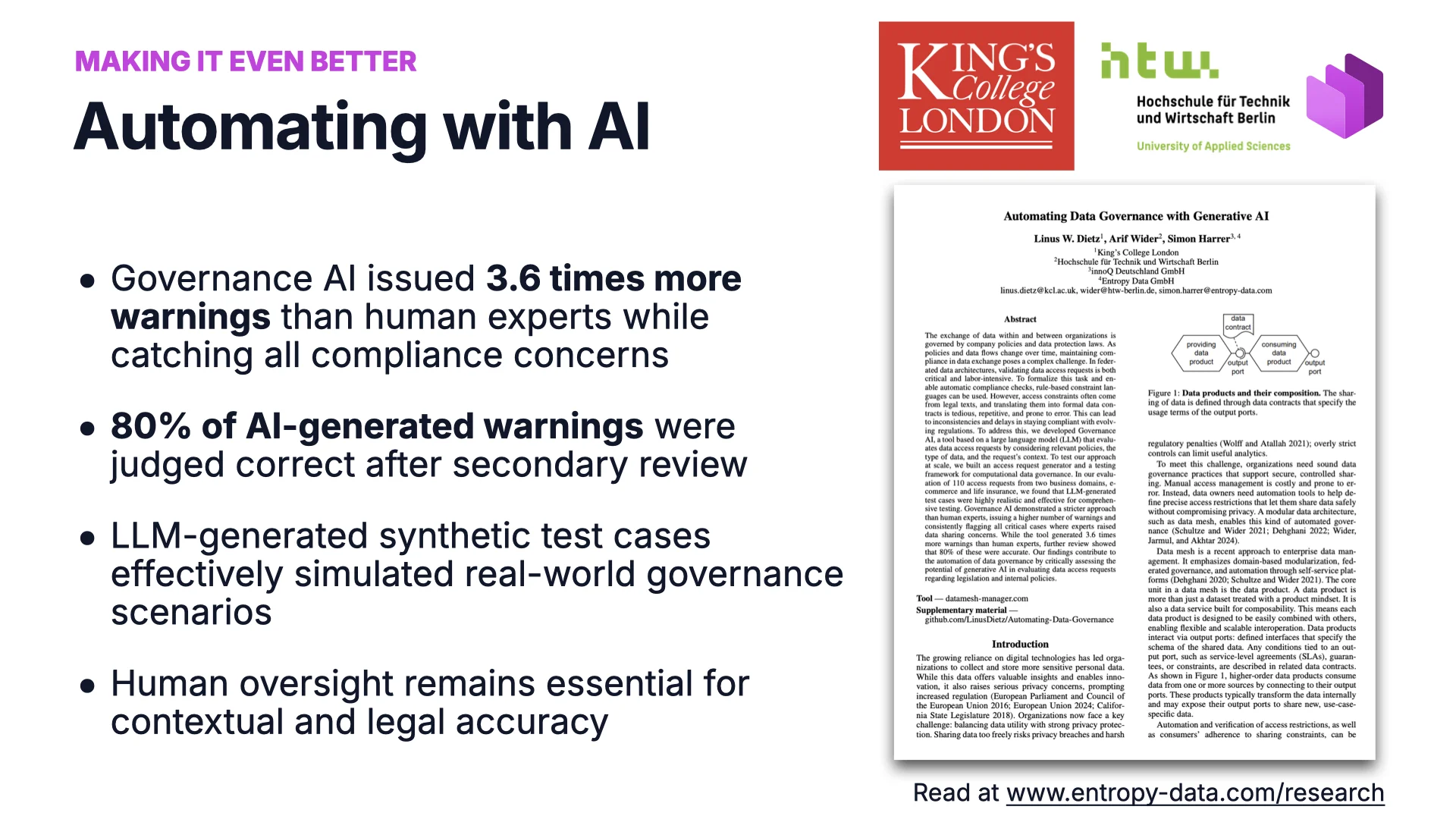 Automating with AI — results: Governance AI issued 3.6x more warnings than human experts; 80% judged correct after review
