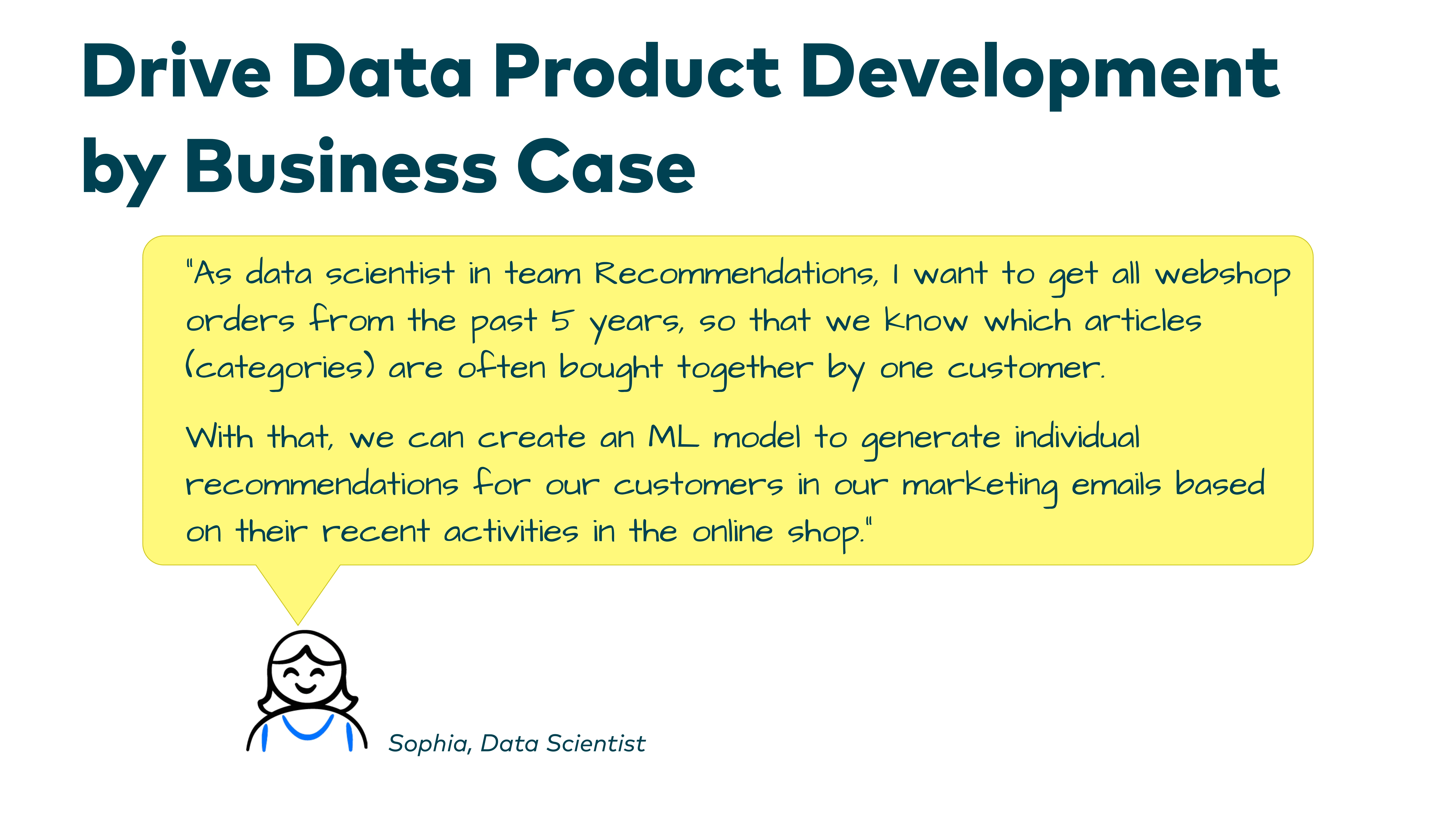 Slide: Drive Data Product Development by Business Case - Sophia, Data Scientist