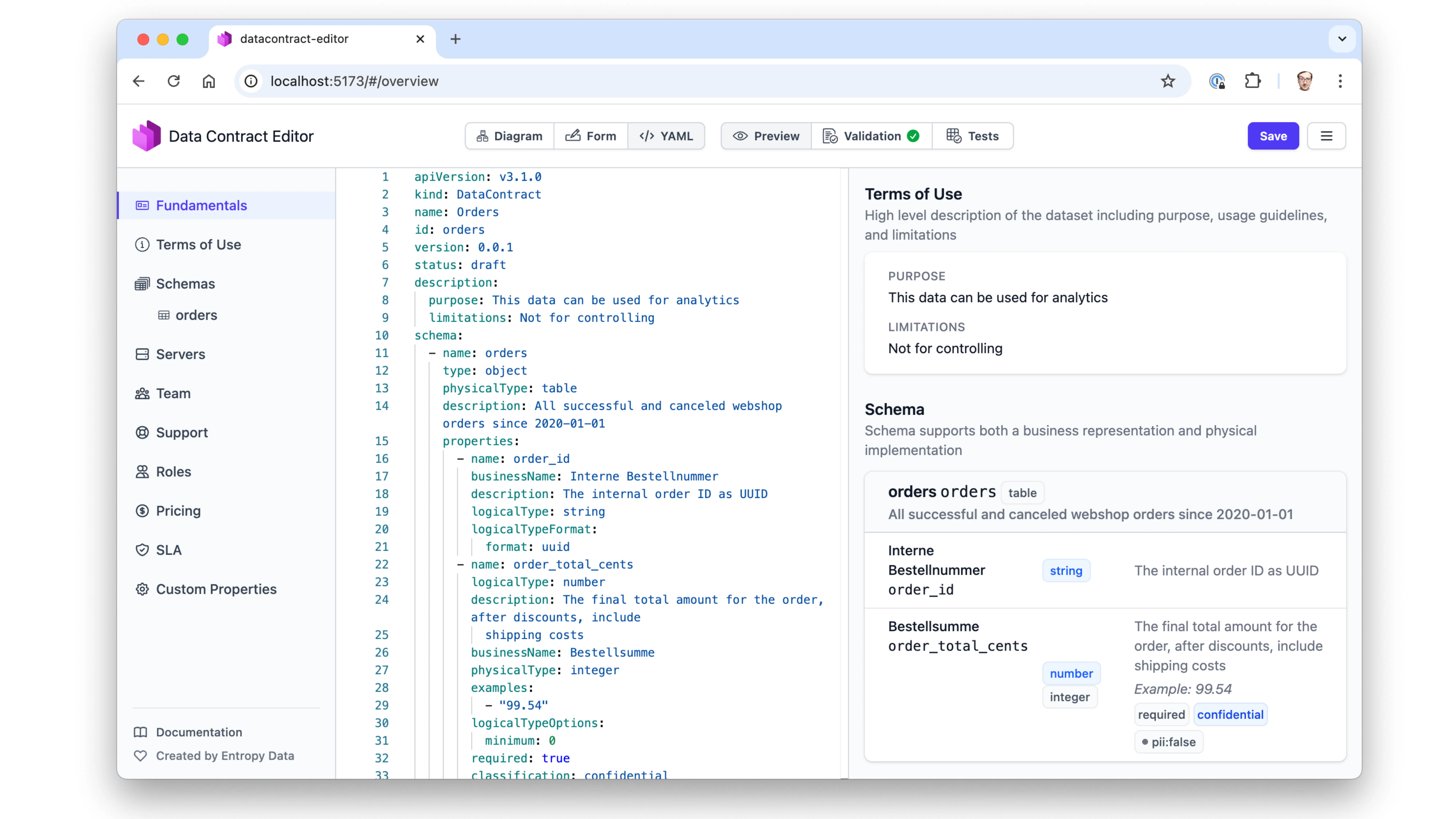 Slide: Data Contract Editor - YAML editor with visual preview