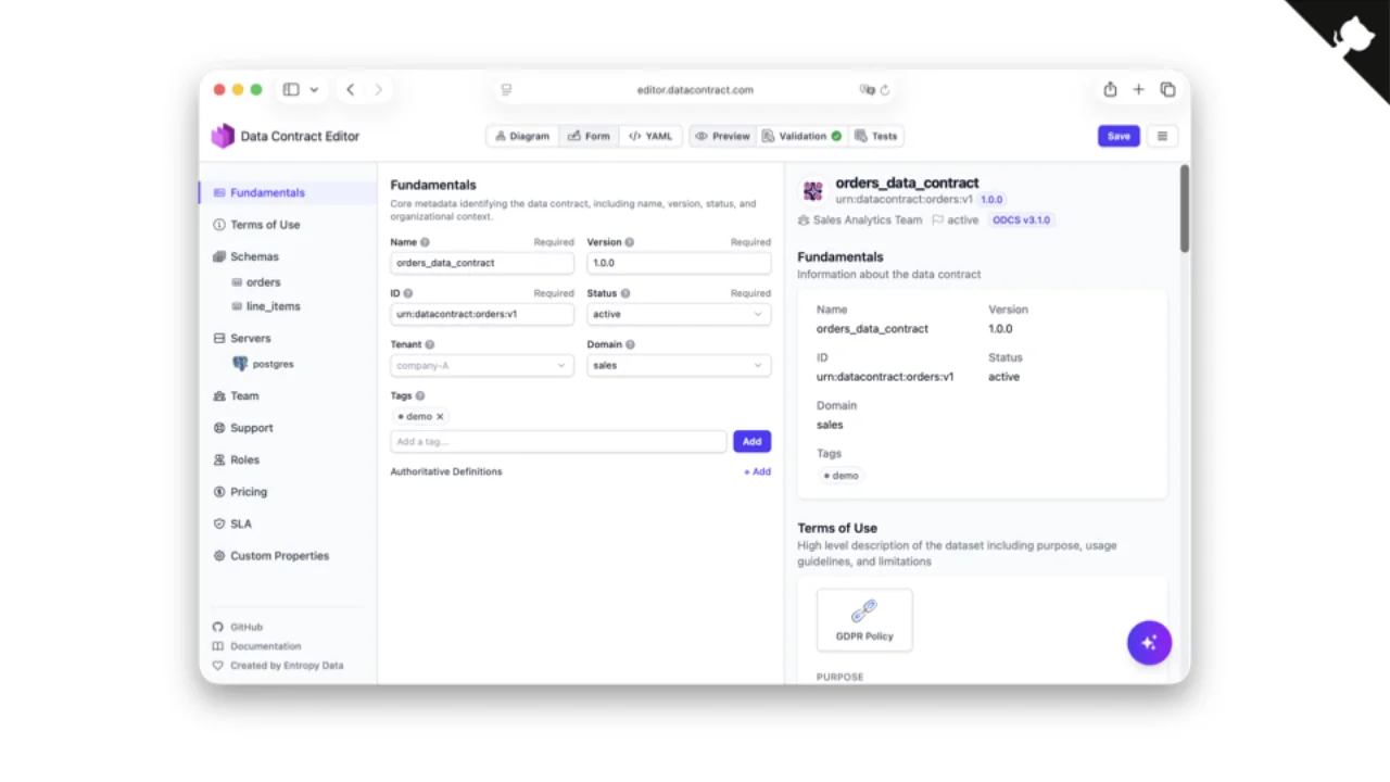 Data Contract Editor -- Diagramm, Formular, YAML, Vorschau, Validierung, Tests