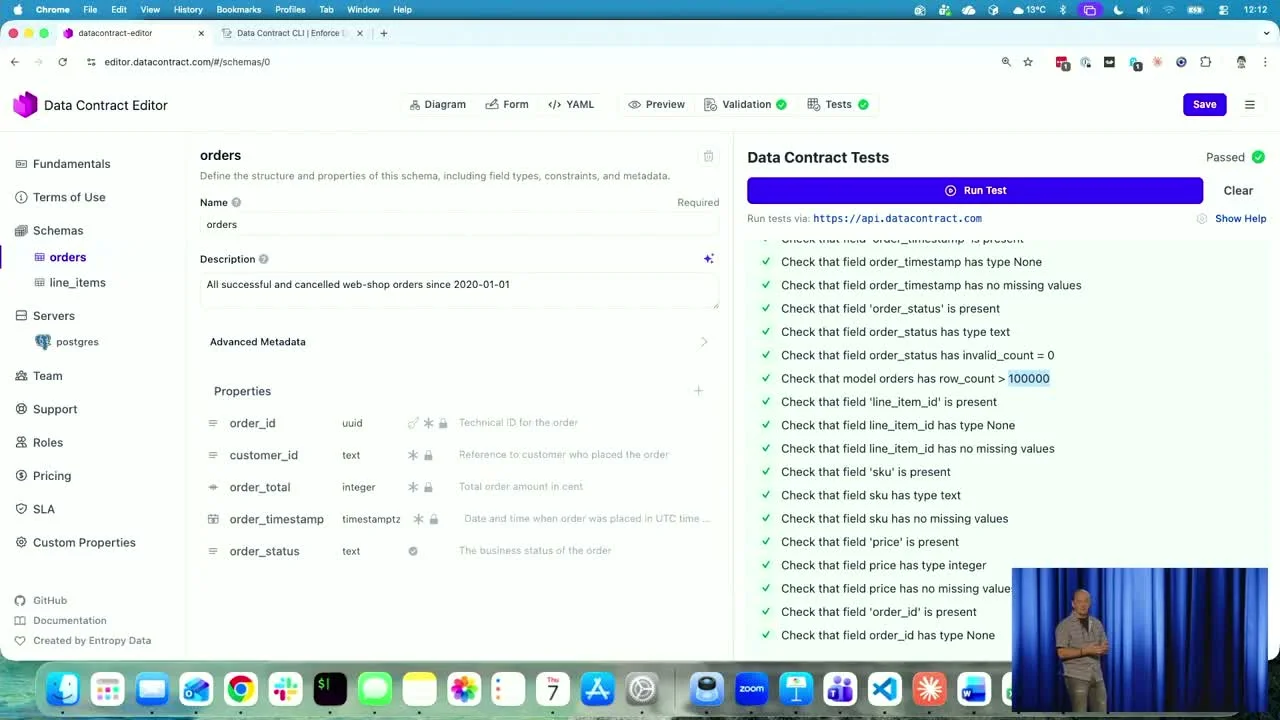 Live-Demo: Data-Contract-Tests laufen alle grün gegen Supabase-Postgres, inklusive row_count > 100000