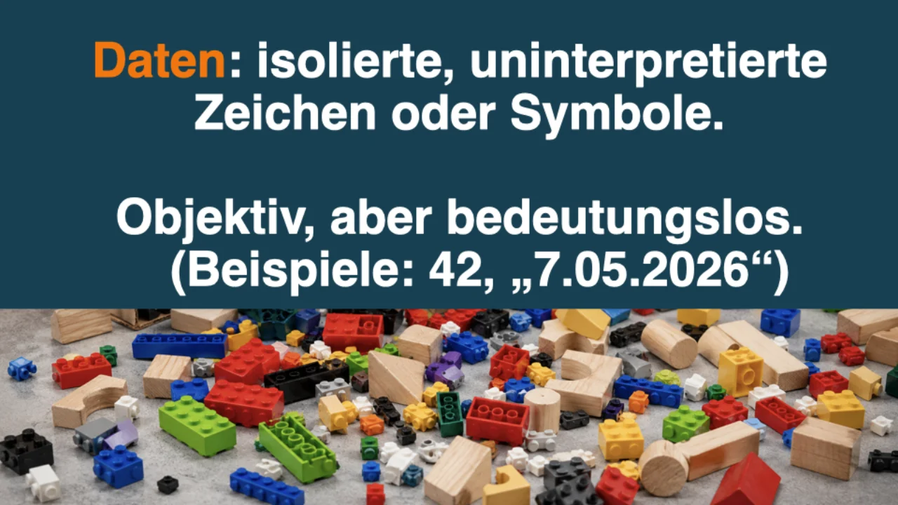 Data: isolated, uninterpreted symbols. Objective but meaningless.