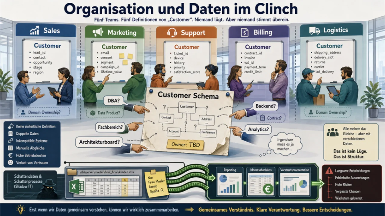 Sales, Marketing, Finance, Billing, Logistics all fighting over the same customer schema