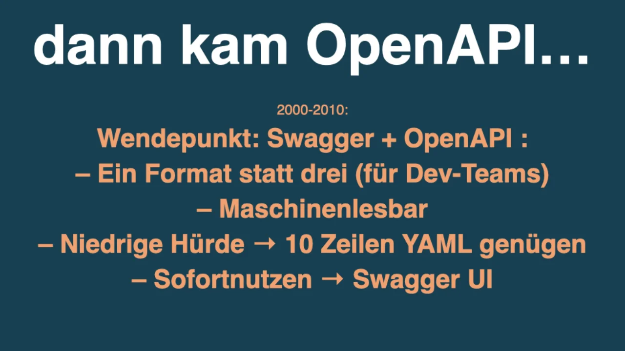 Then came OpenAPI: one machine-readable format, ten lines of YAML enough, Swagger UI instant payoff