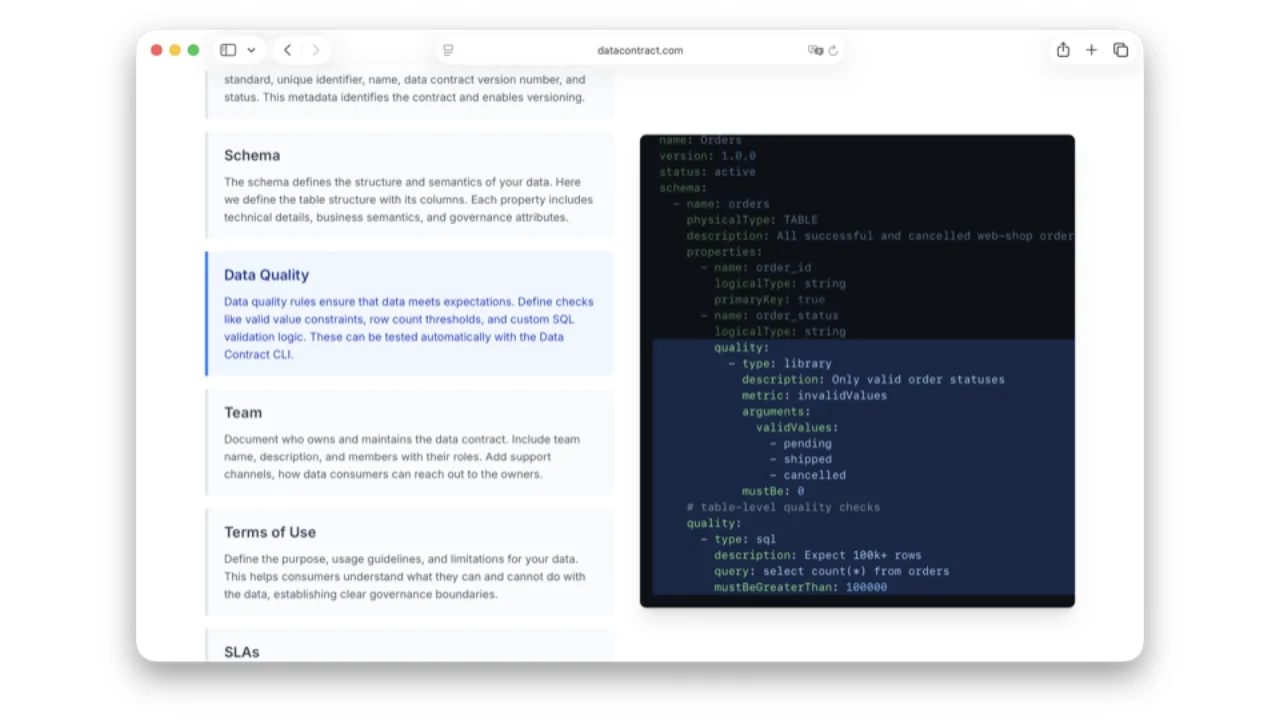ODCS data quality example: enum on order_status, SQL count check > 100000