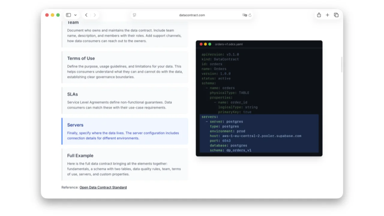 ODCS servers example: postgres on Supabase, prod environment, dp_orders_v1 schema