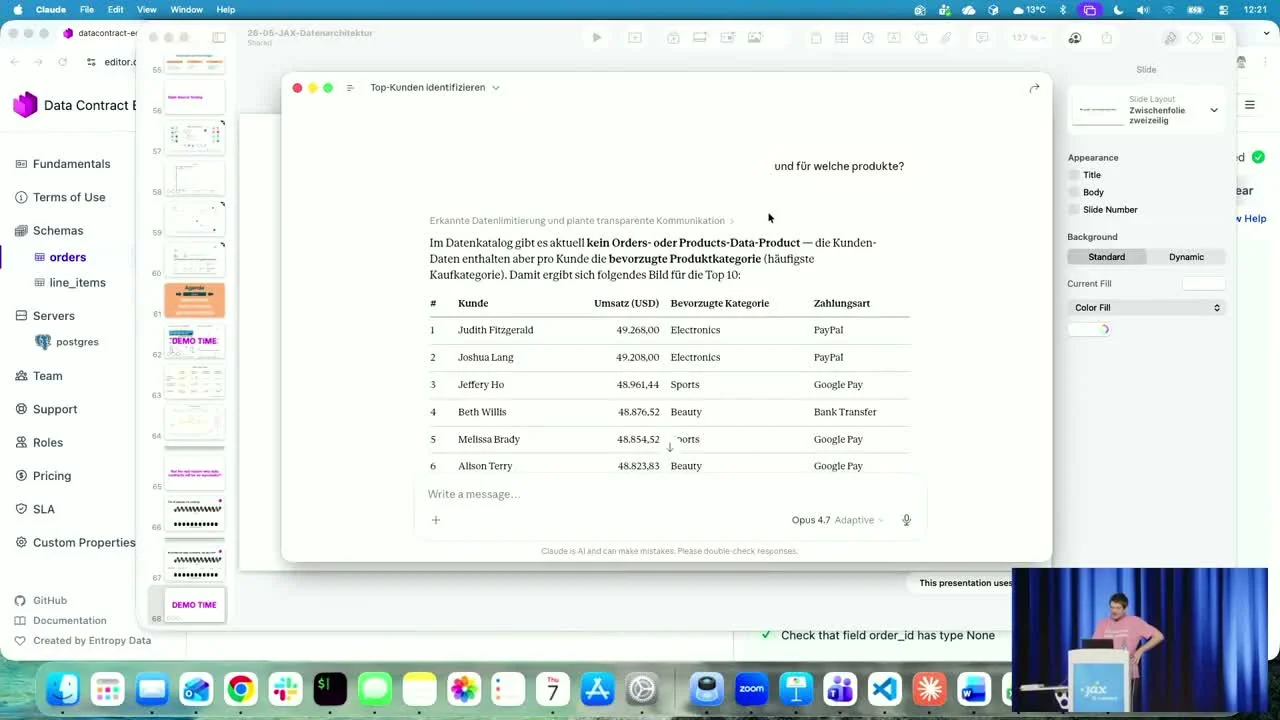 Live demo: agent returns top-10 customers with revenue, preferred product category, and payment method -- then handles a follow-up question