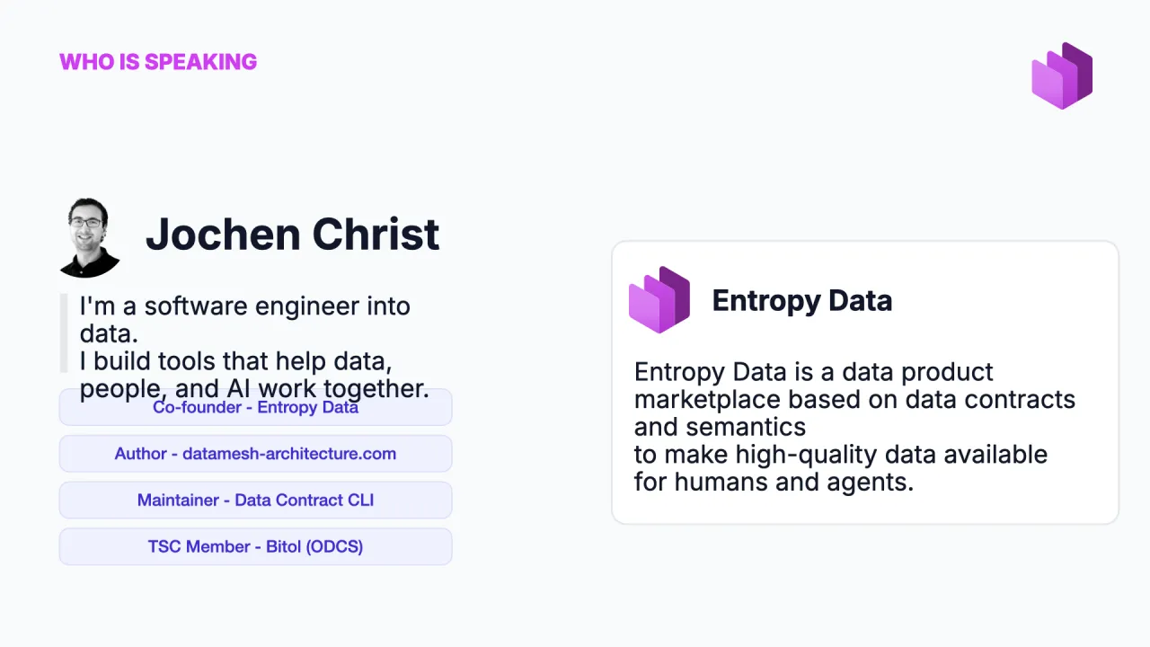 Jochen Christ: Co-Founder von Entropy Data, Autor von datamesh-architecture.com, Maintainer der Data Contract CLI, Bitol-(ODCS-)TSC-Mitglied