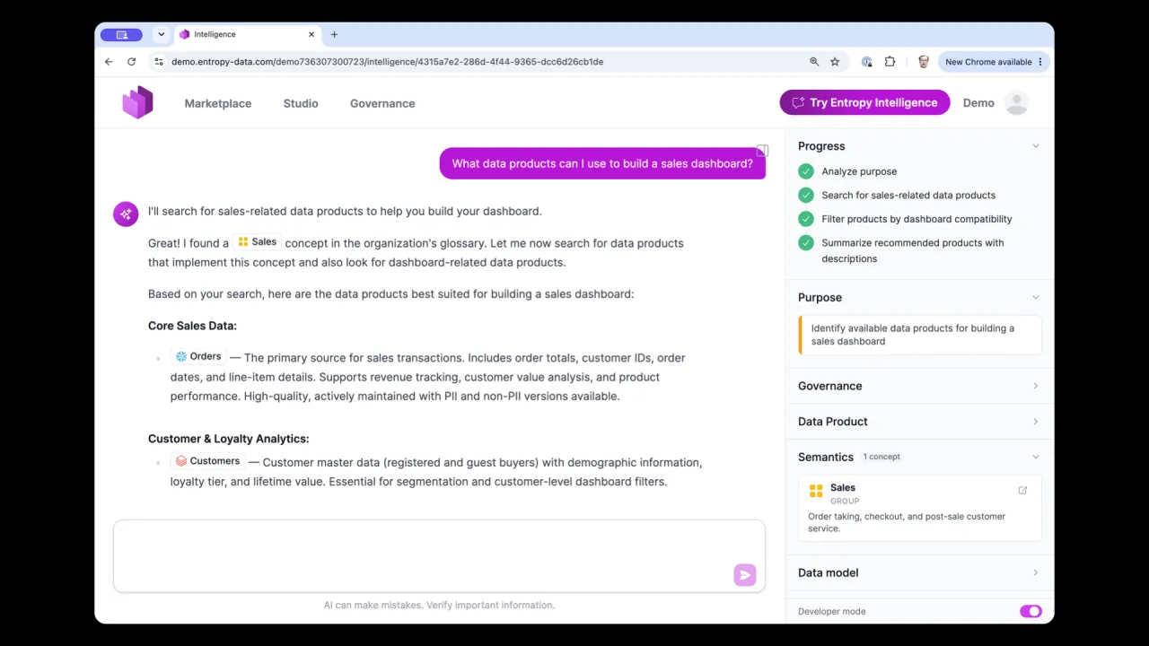 Ein Agent liest Datenprodukte aus dem Marktplatz und respektiert die Terms of Use