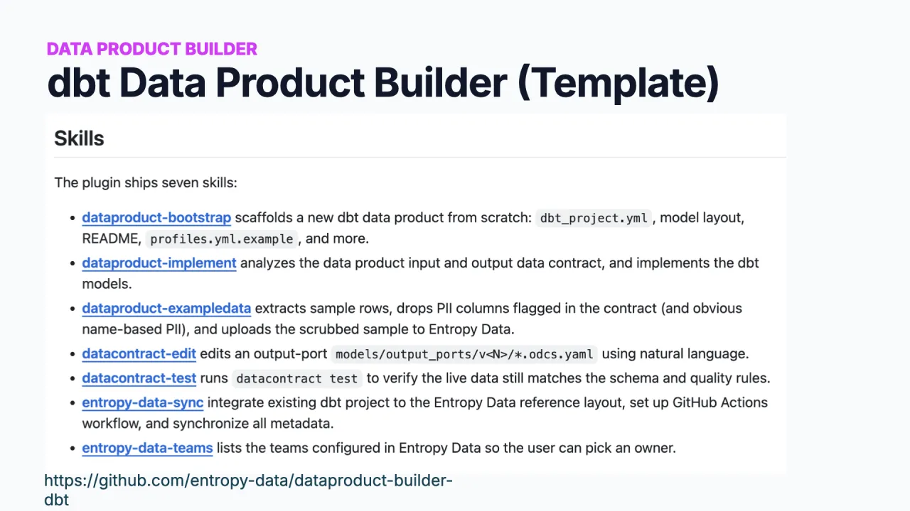 Das dbt Data Product Builder Template: Skills wie Bootstrap und Implement, mit Templates für dbt-Projekte