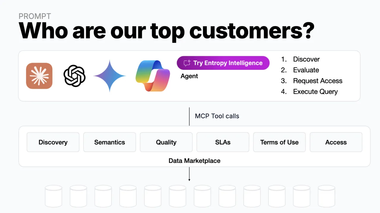 The same marketplace tools, discovery, semantics, quality, SLA, terms of use, access, exposed to any agent via MCP
