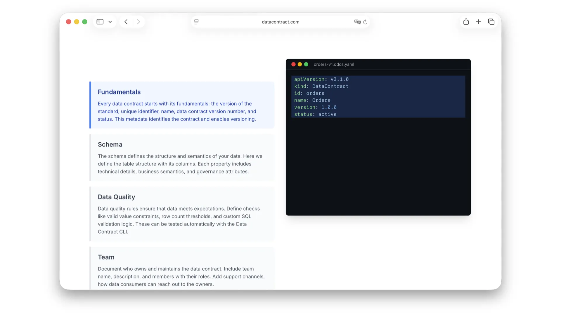 datacontract.com walkthrough: the Fundamentals section of an ODCS YAML — apiVersion, kind, id, name, version, status