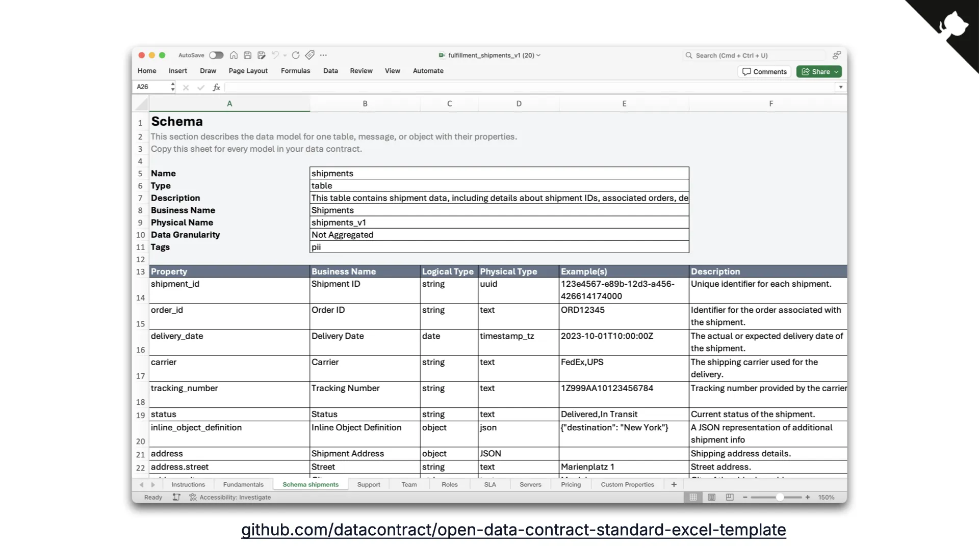 The ODCS Excel template for capturing a data contract's schema in a spreadsheet