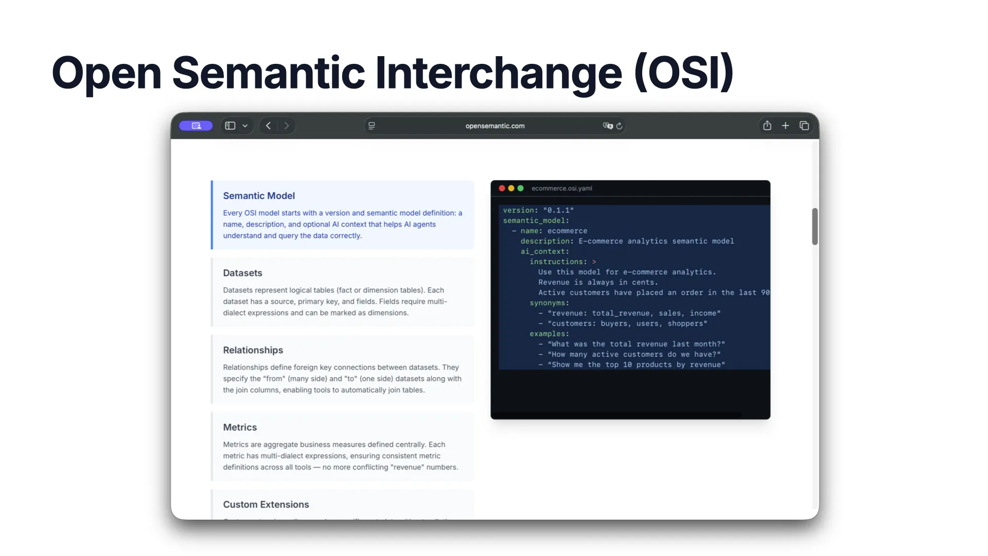 An OSI semantic model in YAML at opensemantic.com, defining datasets, relationships, metrics, and custom extensions
