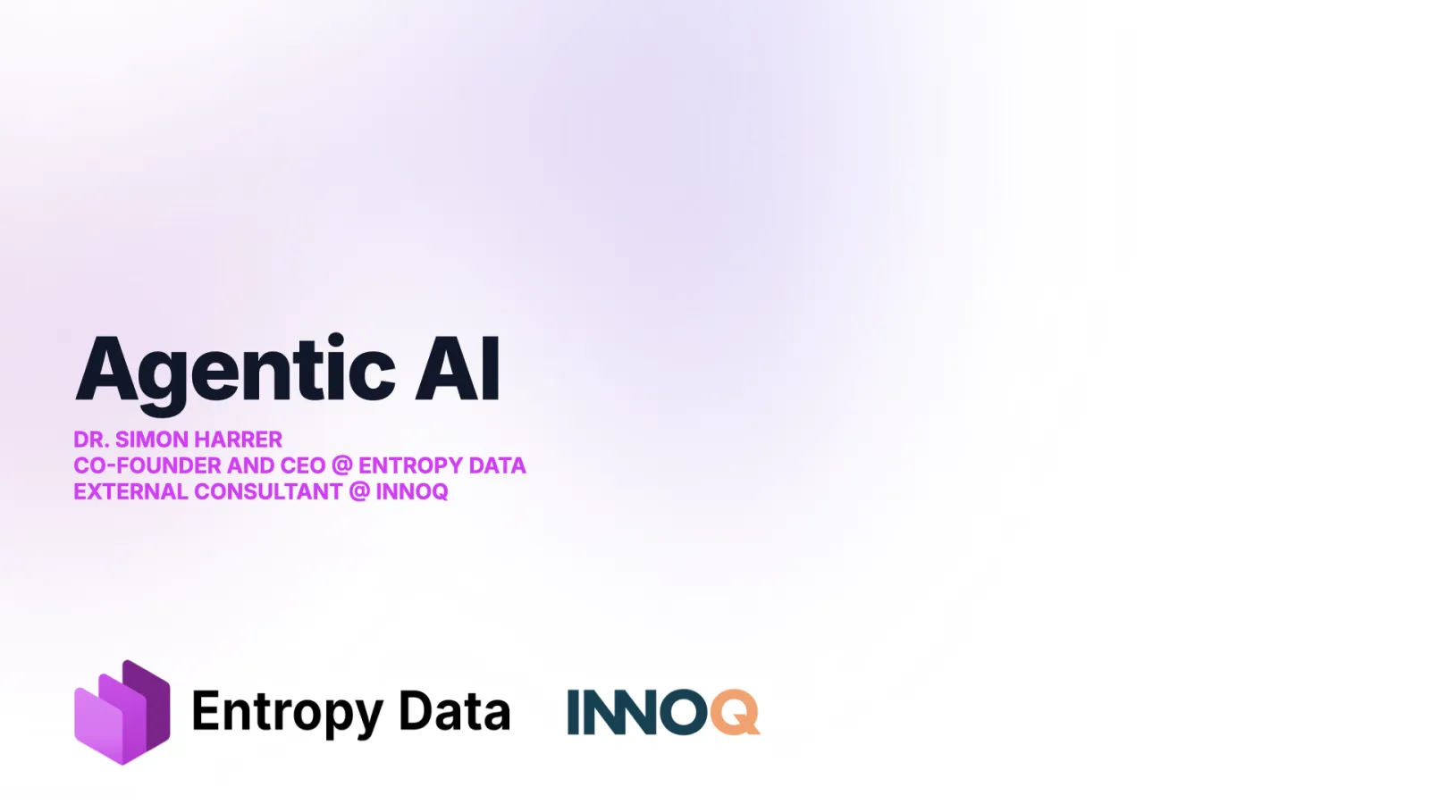 Title slide: Agentic AI, Dr. Simon Harrer, Co-Founder and CEO at Entropy Data, external consultant at INNOQ