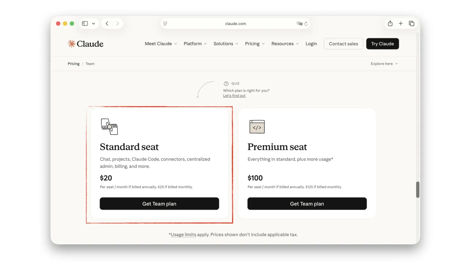 Slide 7: Claude pricing page with the $20 Standard seat highlighted