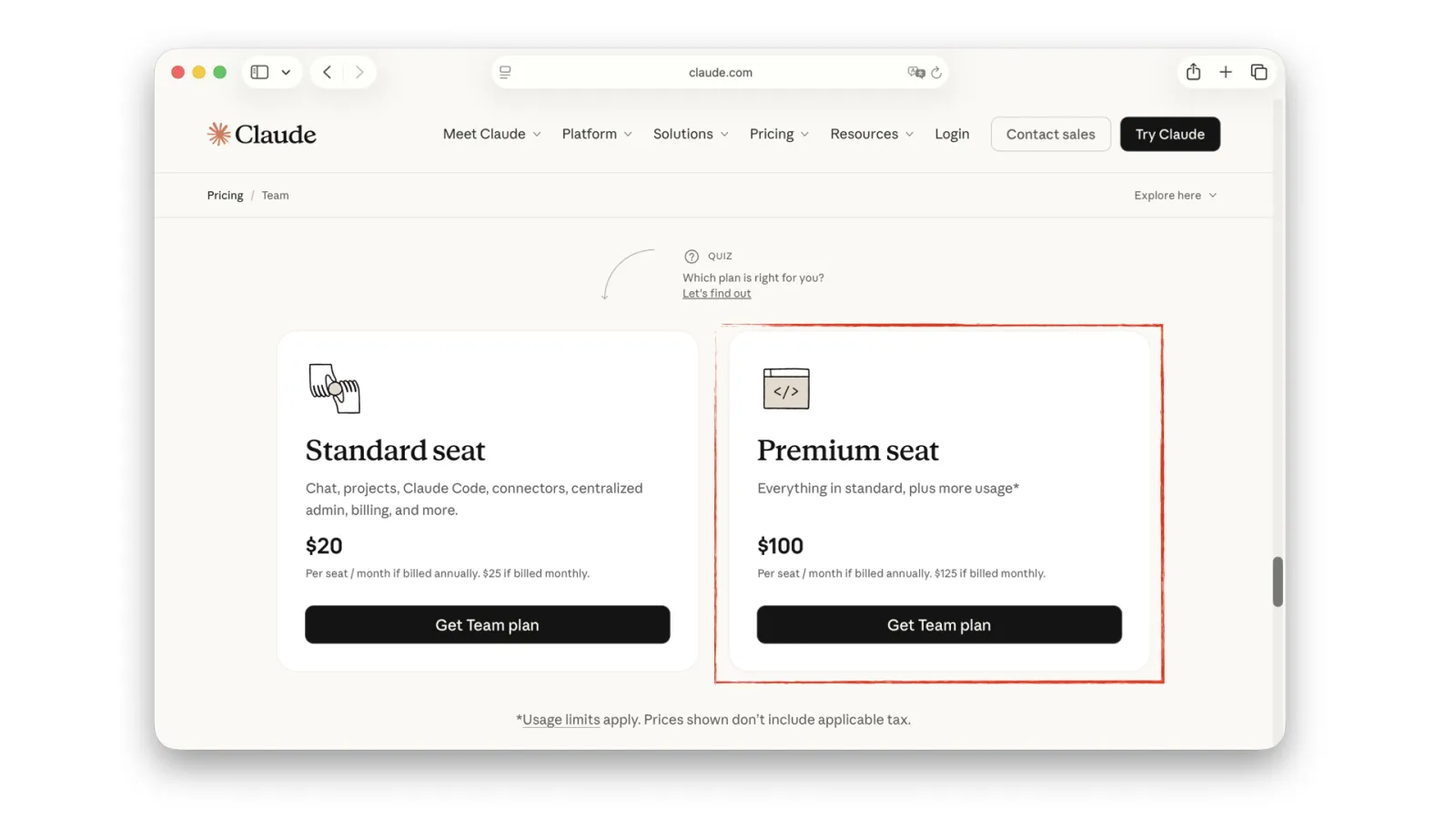 Slide 12: Claude pricing page with the $100 Premium seat highlighted