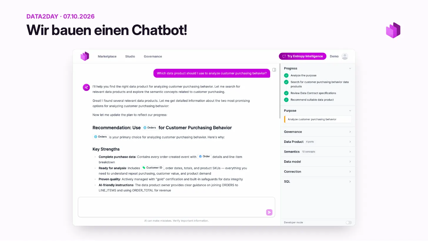 We are building a chatbot: the Entropy Intelligence chat inside the Entropy Data marketplace answers which data product to use for customer purchasing behavior and recommends Orders. A side panel shows progress, purpose, governance, data product, semantics, data model, connection, and SQL
