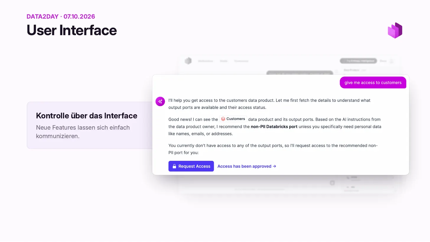The chatbot answers give me access to customers: it recommends the non-PII Databricks port based on the AI instructions of the data product owner, notes that the user does not have access yet, and shows a Request Access button with the note Access has been approved