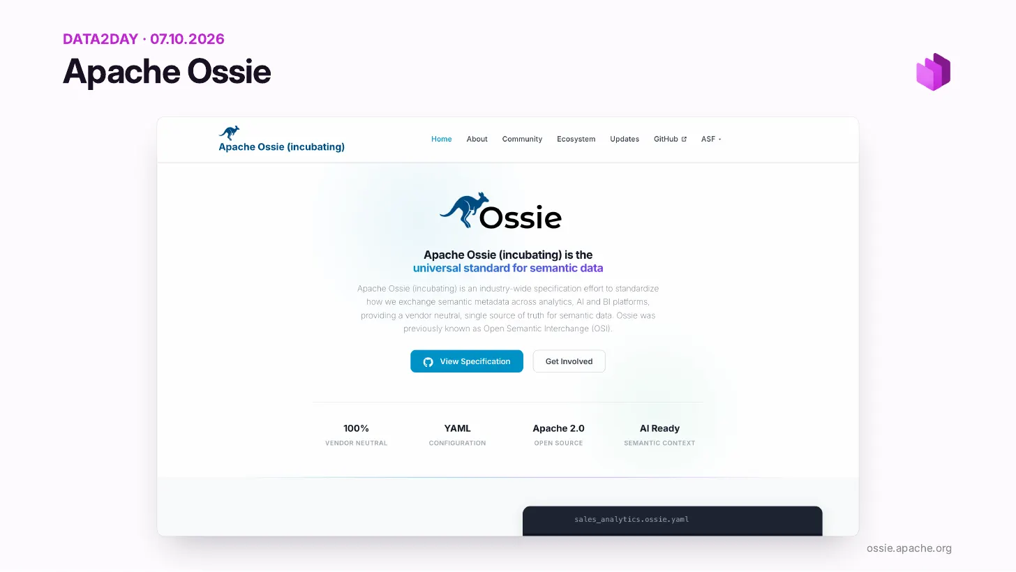 Apache Ossie (incubating), the universal standard for semantic data: an industry-wide specification effort to standardize how semantic metadata is exchanged across analytics, AI, and BI platforms, previously known as Open Semantic Interchange. 100% vendor neutral, YAML configuration, Apache 2.0, AI ready