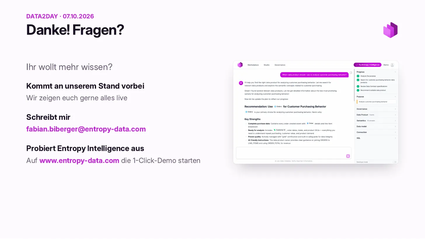 Thank you! Questions? Come by our booth, we're happy to show you everything live. Write to fabian.biberger@entropy-data.com. Try Entropy Intelligence: start the 1-click demo on www.entropy-data.com