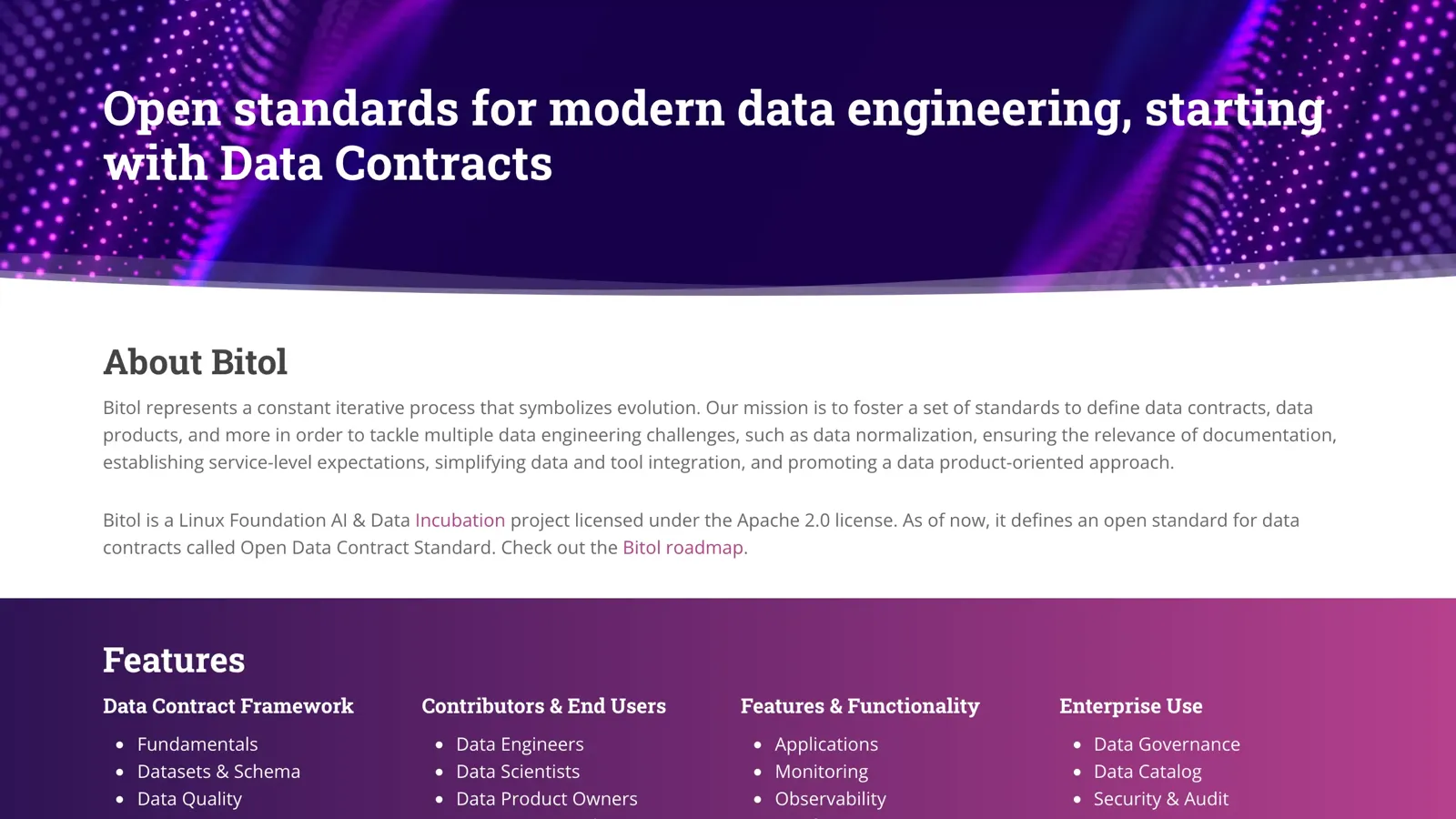 El sitio web de Bitol, hogar del Open Data Contract Standard y del Open Data Product Standard