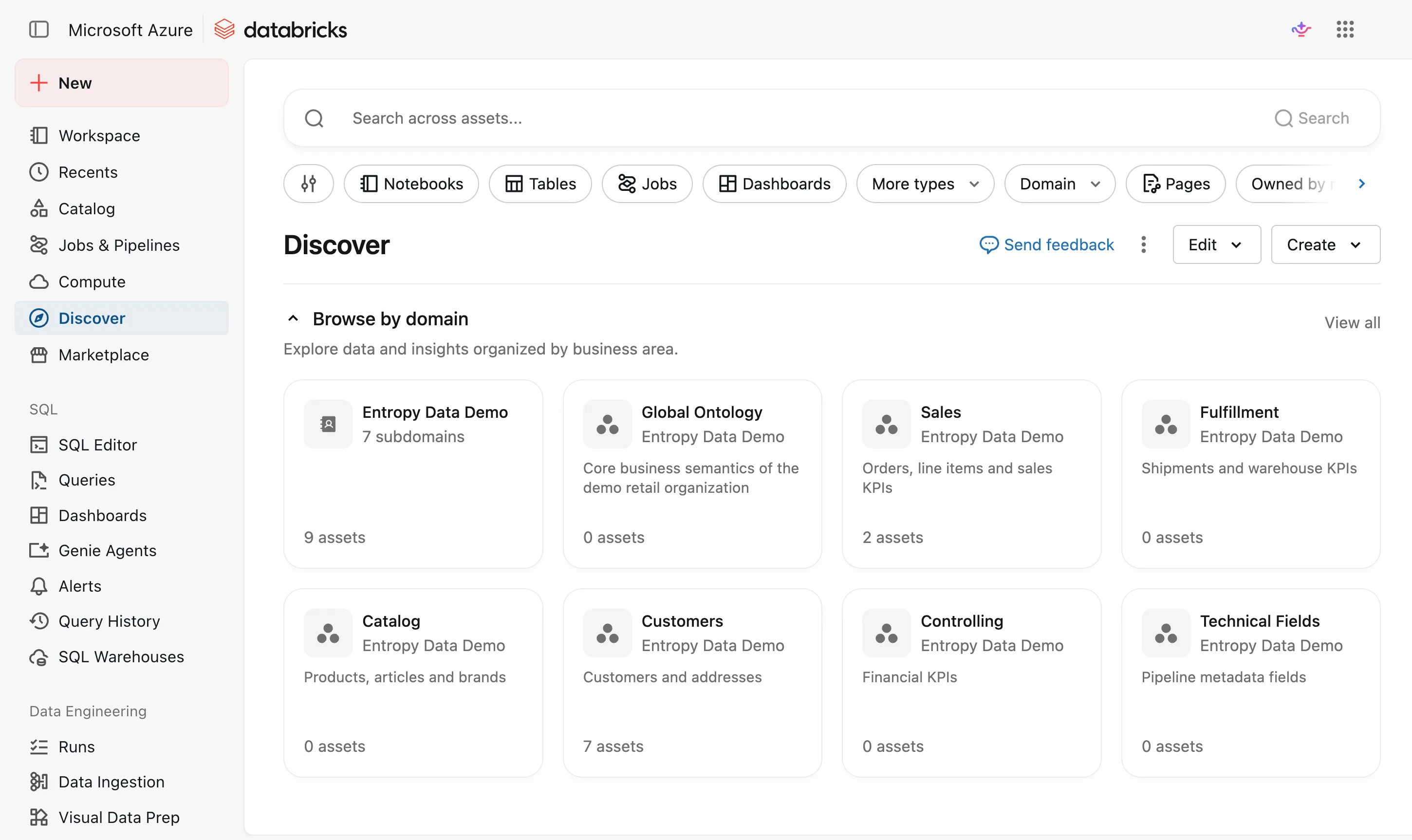 Discover in Databricks: a search across assets with filters for notebooks, tables, jobs, dashboards, domains, and pages, and a Browse by domain grid with the domains Global Ontology, Sales, Fulfillment, Catalog, Customers, Controlling, and Technical Fields and their asset counts