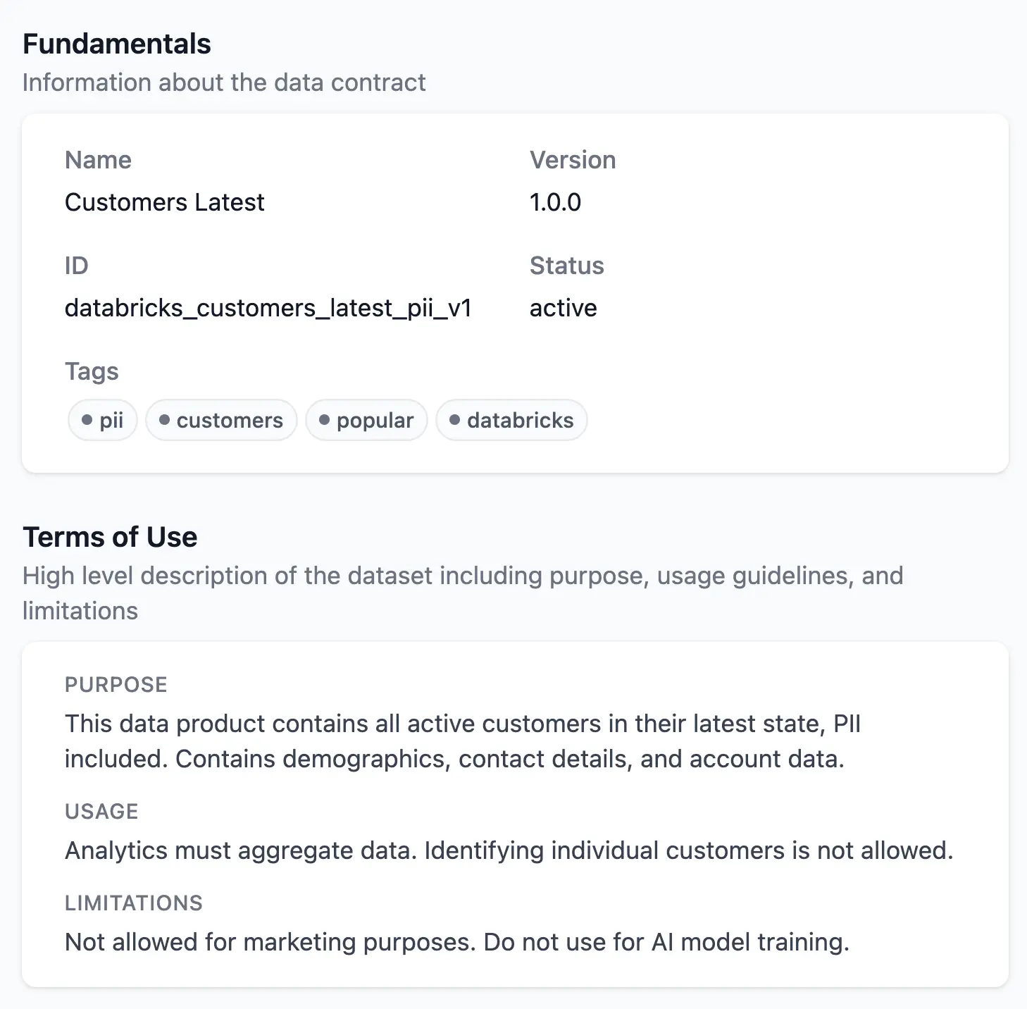 Ein Data Contract mit Nutzungsbedingungen: Zweck, Nutzungsvorgaben und Einschränkungen wie kein Marketing und kein KI-Training