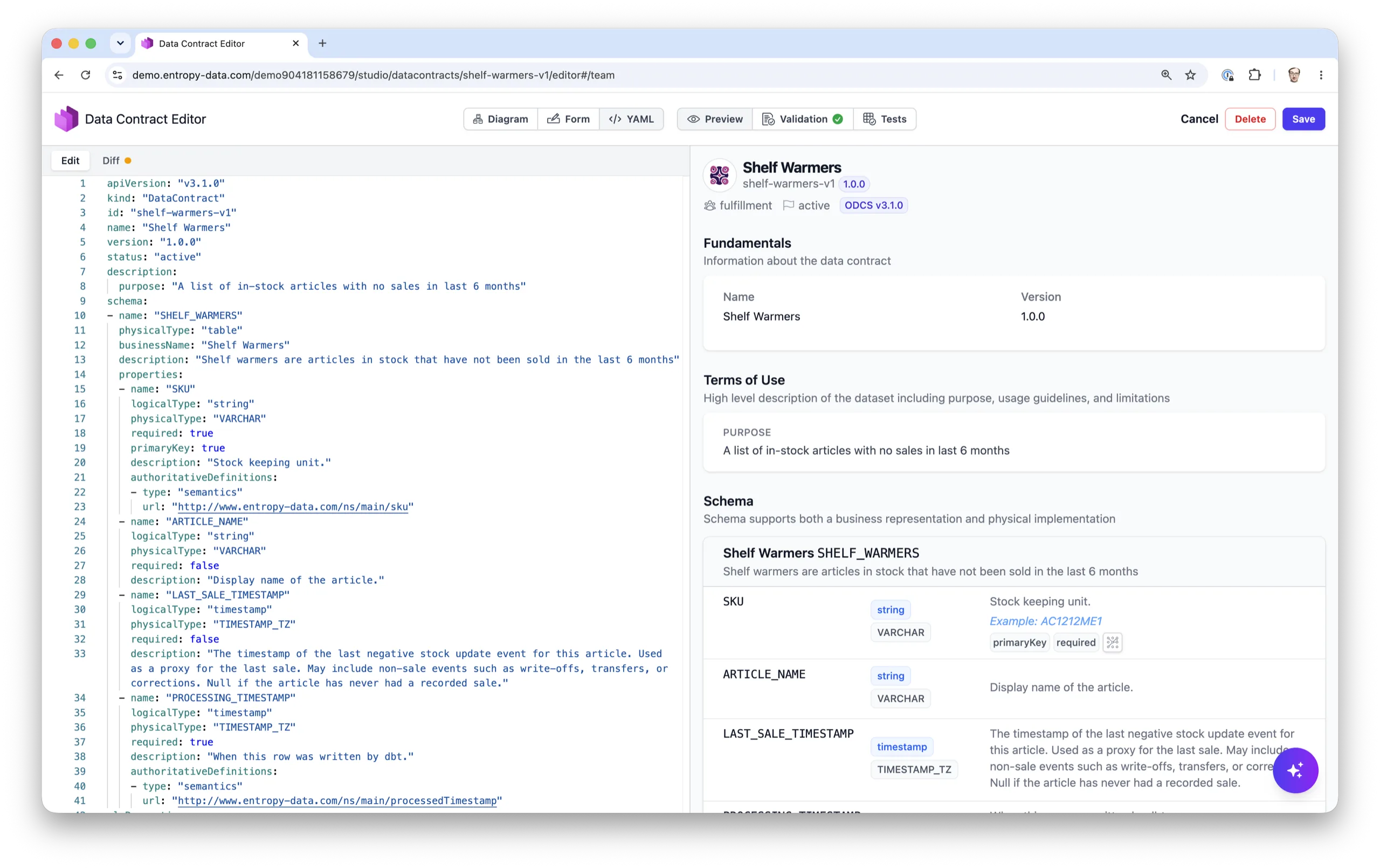Le Data Contract Shelf Warmers dans l’éditeur de contrats Entropy Data, avec le YAML ODCS à gauche et le schéma affiché à droite (SKU, nom de l’article et horodatage de la dernière vente).