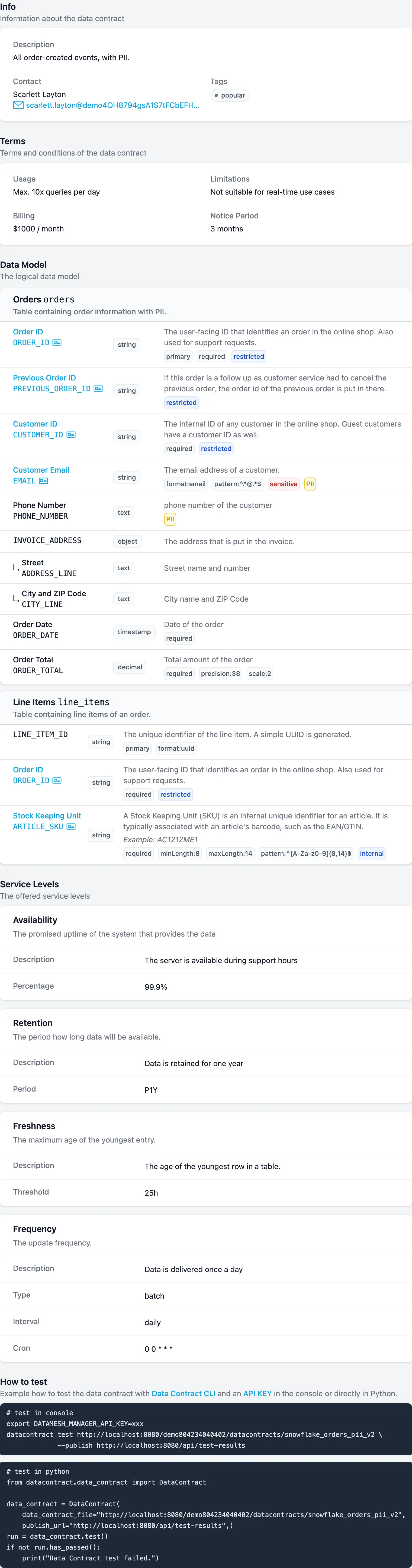 Screenshot of a data contract in Data Mesh Manager