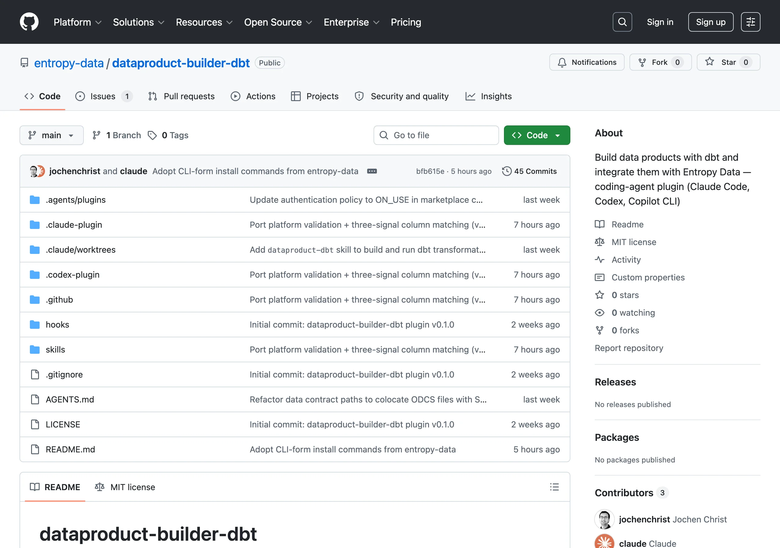 The entropy-data/dataproduct-builder-dbt repository on GitHub with skills, hooks, .claude-plugin, .codex-plugin, and templates.