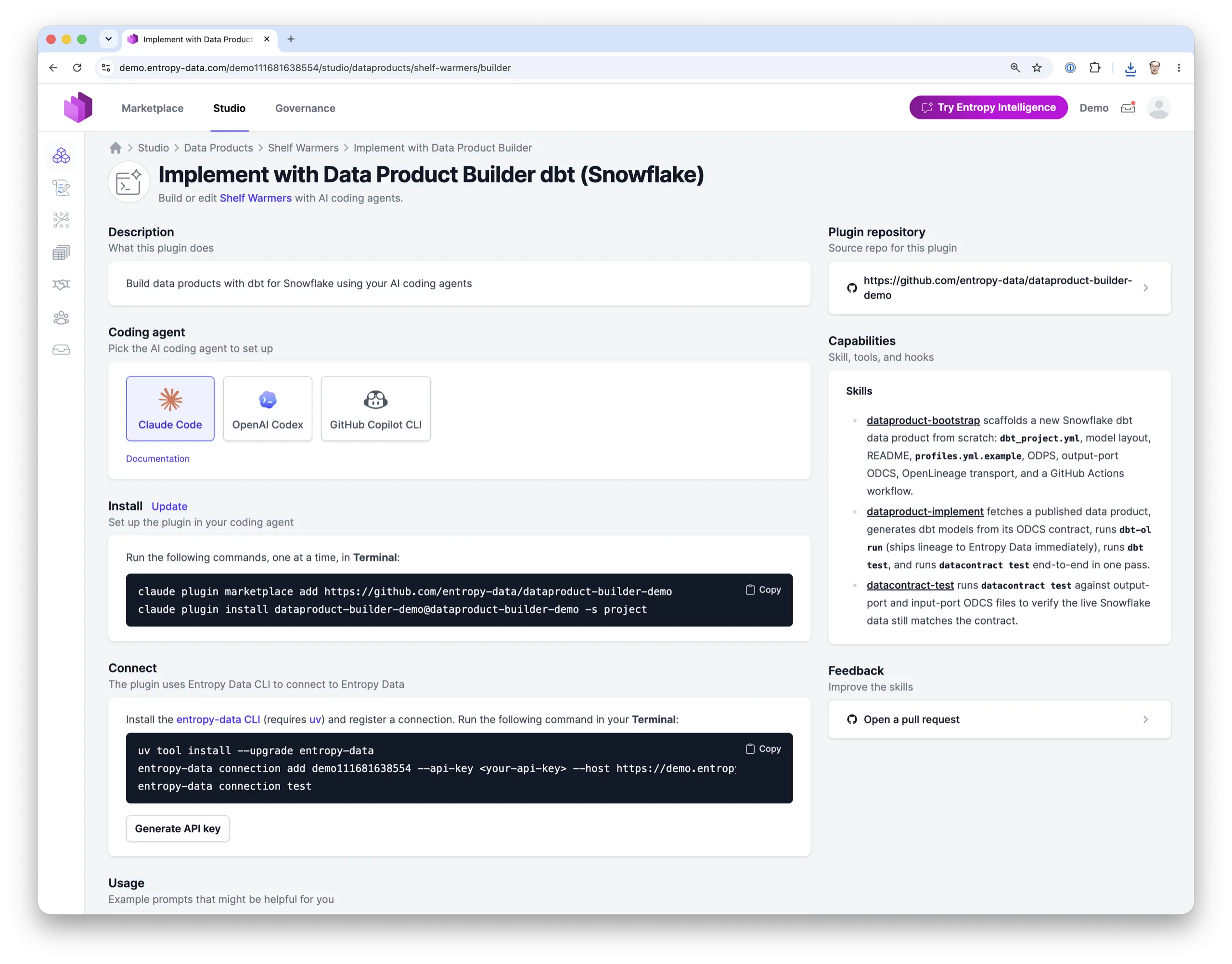 Der Data-Product-Builder-Tab auf einer Datenprodukt-Seite: Coding Agent auswählen (Claude Code, OpenAI Codex, GitHub Copilot CLI), Install- und Connect-Kommandos kopieren und die Skills des Builders ansehen.