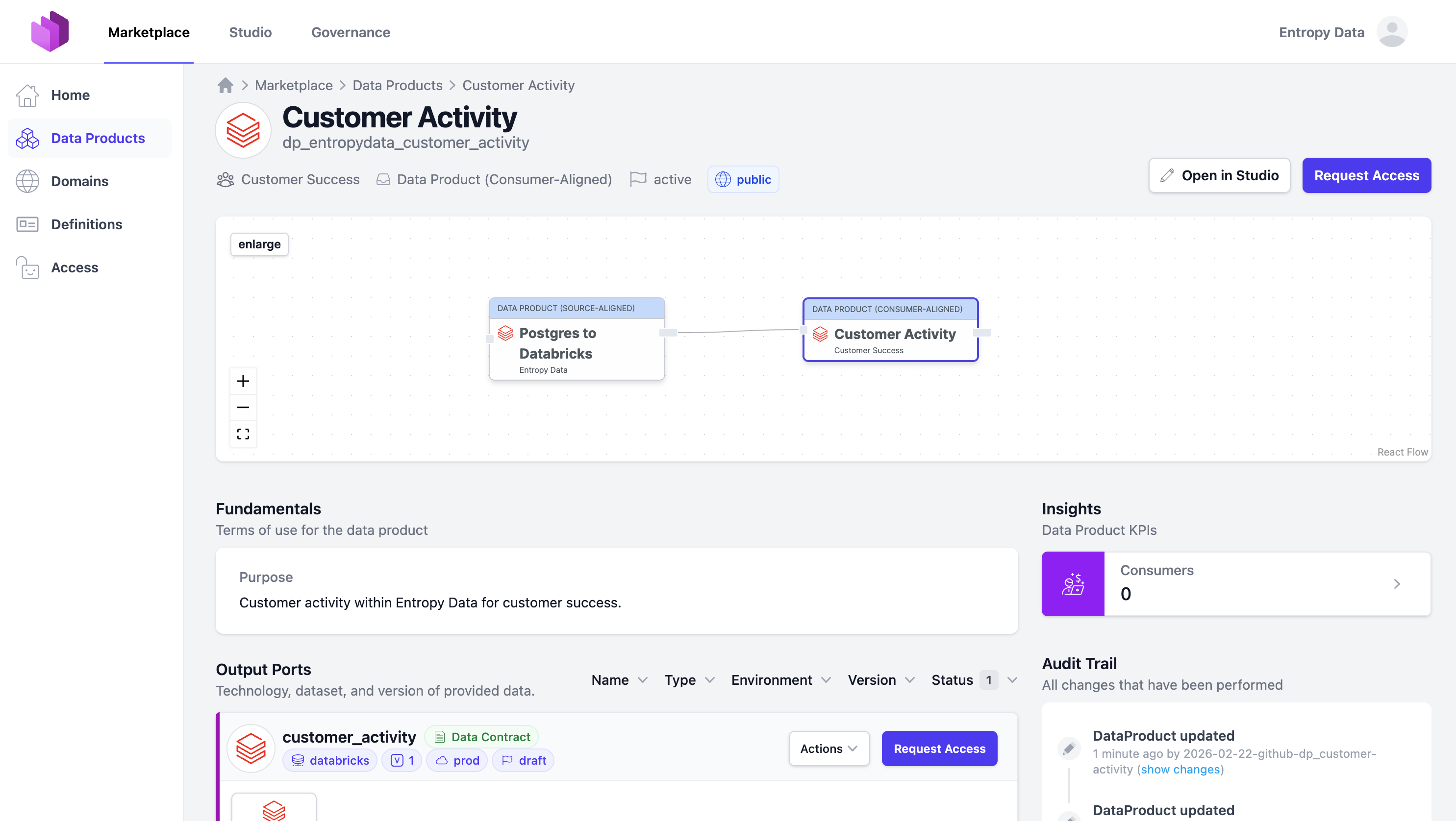 Customer Activity data product in the Entropy Data marketplace, showing data flow, output ports, fundamentals, and audit trail.