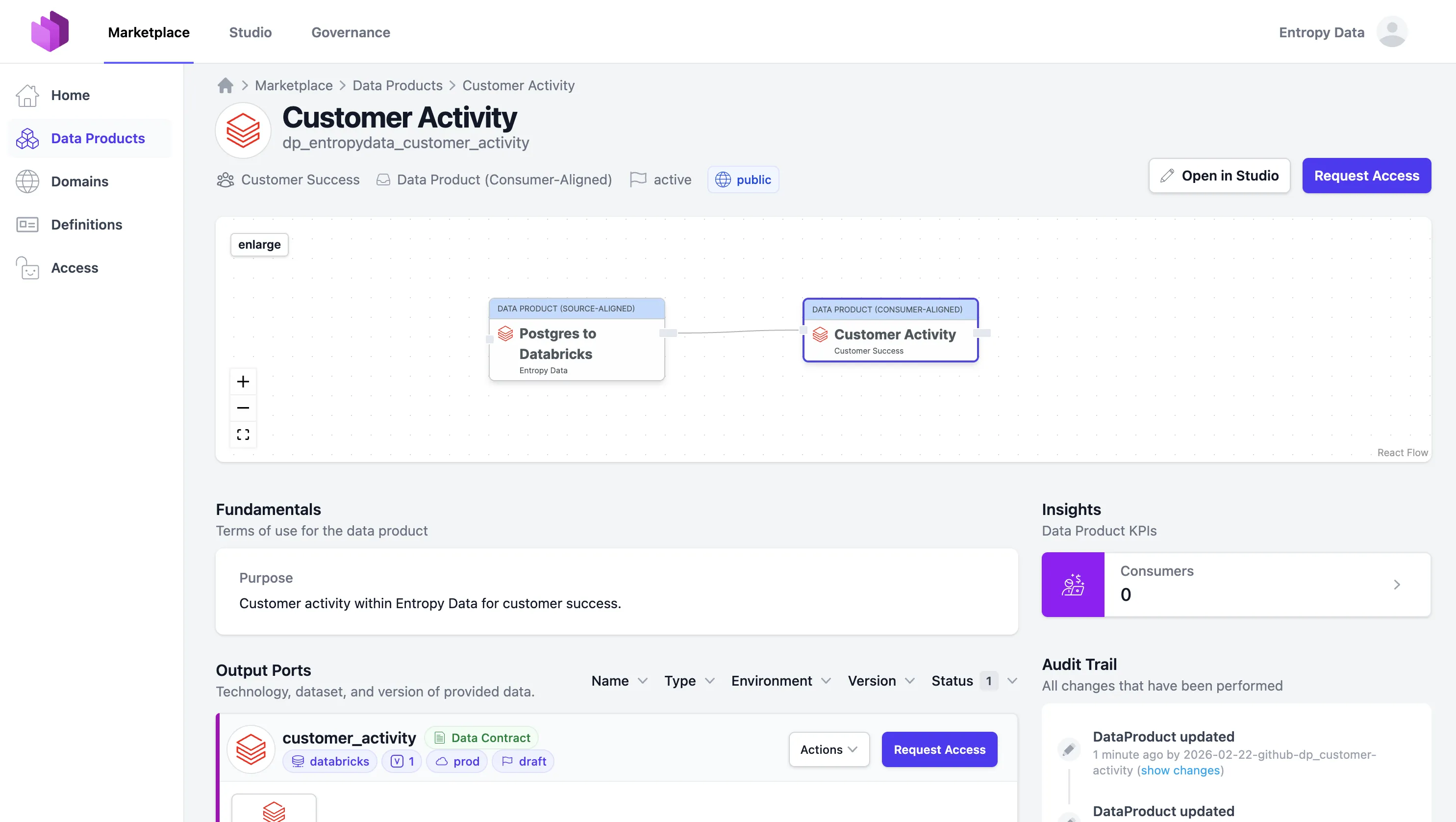 Customer Activity data product in the Entropy Data marketplace, showing data flow, output ports, fundamentals, and audit trail.