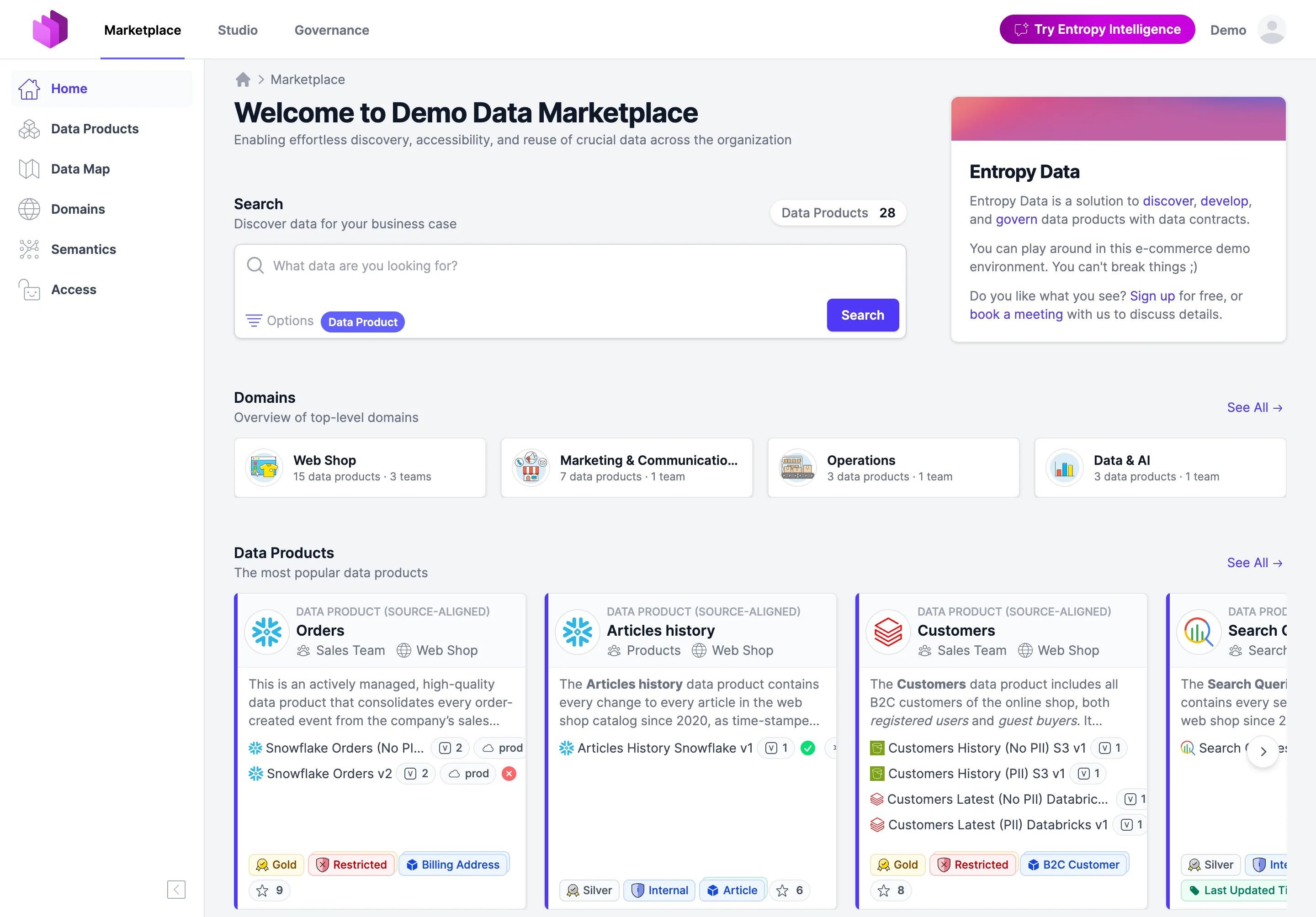 The marketplace home page of the Entropy Data demo organization: a natural-language search box, the top-level domains Web Shop, Marketing & Communications, Operations, and Data & AI, and cards for the most popular data products such as Orders, Articles history, and Customers