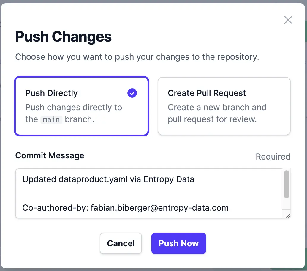 The Push Changes modal with the choice between Push Directly and Create Pull Request, with Push Directly selected and a commit message