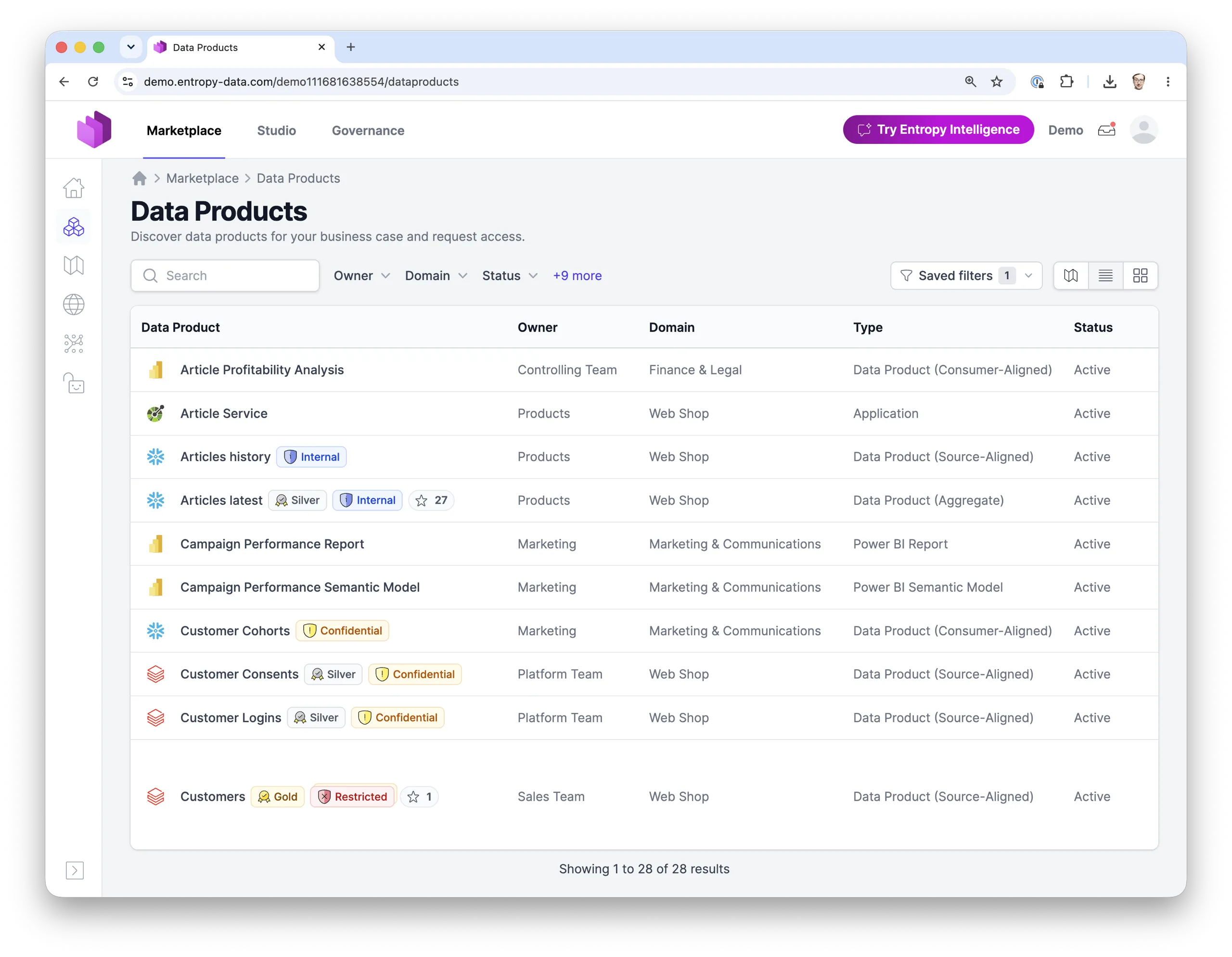 La liste des produits de données dans la marketplace Entropy Data&nbsp;: produits de données, applications et rapports avec leur owner, leur domaine, leur type, leur statut et des badges de niveau de qualité et de classification des données.