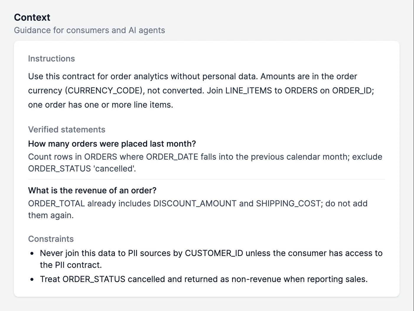 La sección Contexto de un Data Contract ODCS v3.2.0 en Entropy Data: instrucciones, afirmaciones verificadas y restricciones para consumidores y agentes de IA