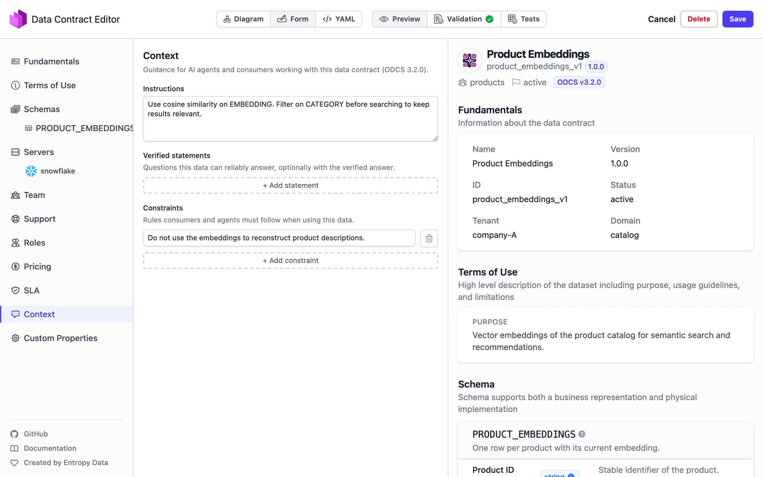 El Data Contract Editor con la sección Contexto de un Data Contract ODCS v3.2.0