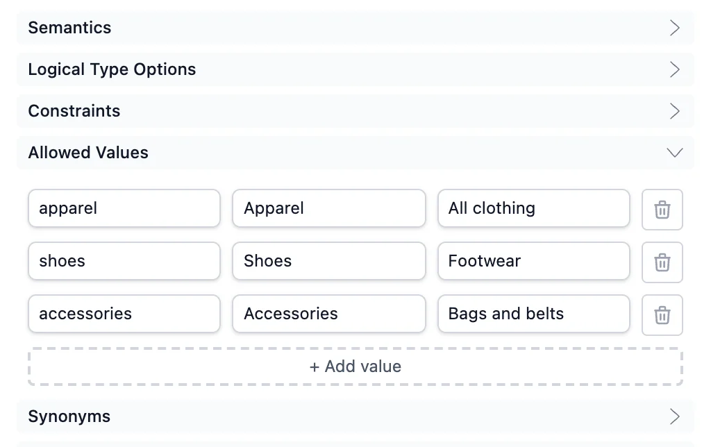 La sección Allowed Values de una propiedad en el Data Contract Editor, con los valores de enum apparel, shoes y accessories junto a sus etiquetas y descripciones