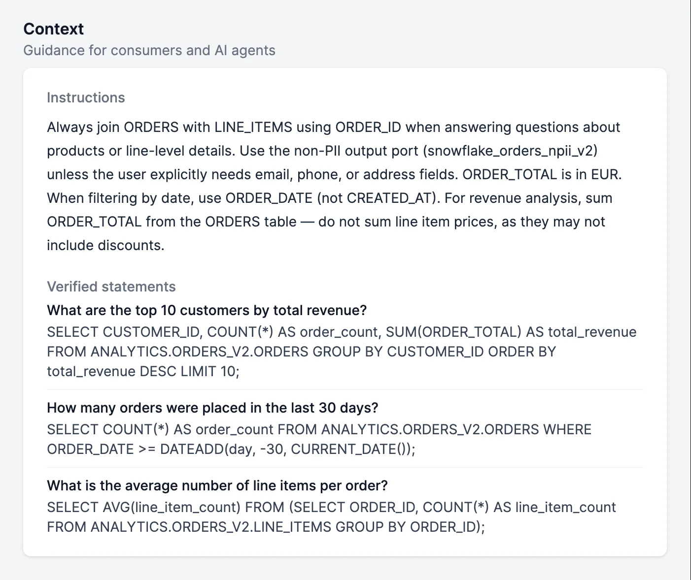 La sección Contexto de un producto de datos en Entropy Data con instrucciones y afirmaciones verificadas en forma de consultas SQL