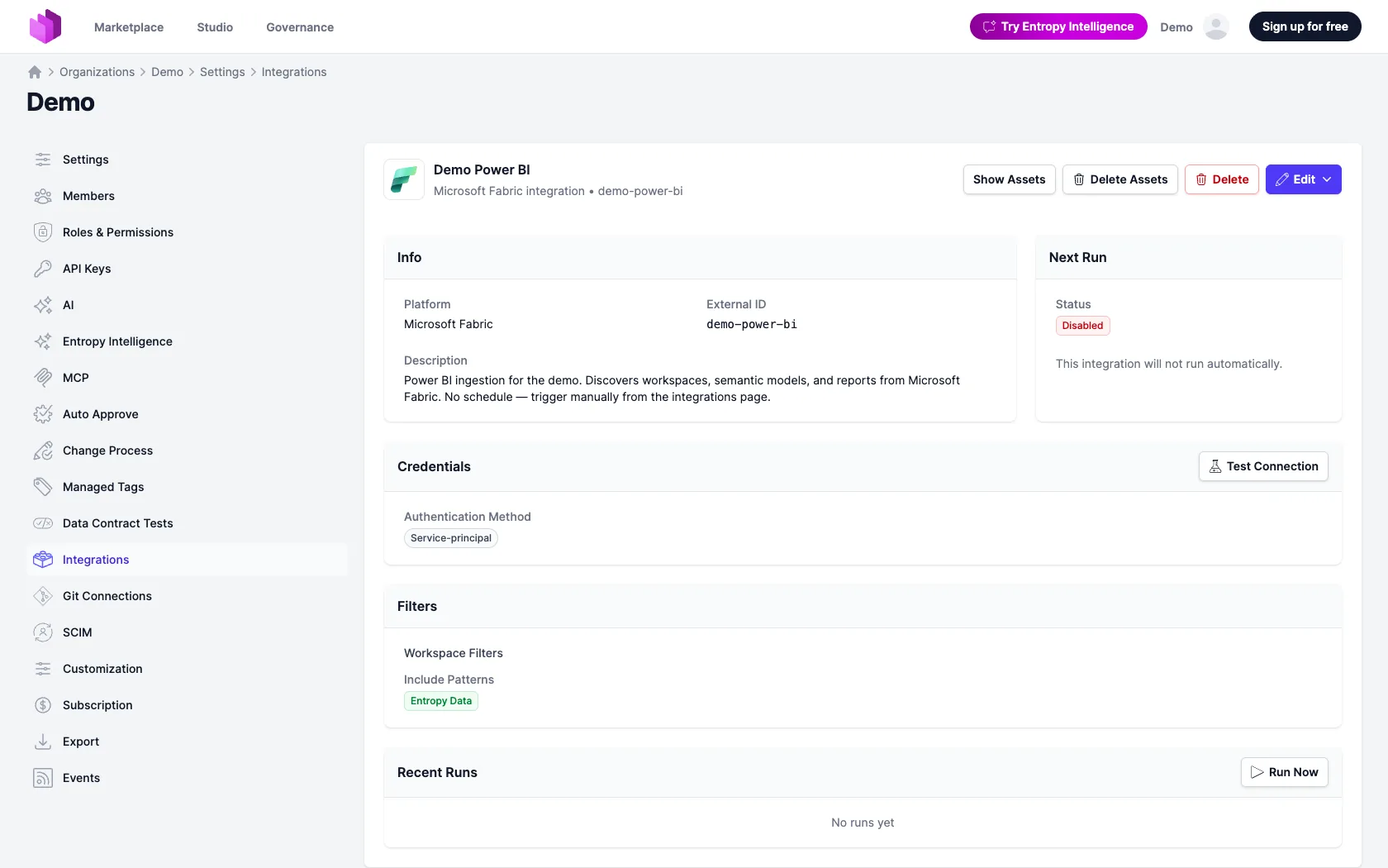 The Microsoft Fabric integration in Entropy Data, configured to sync Power BI workspaces