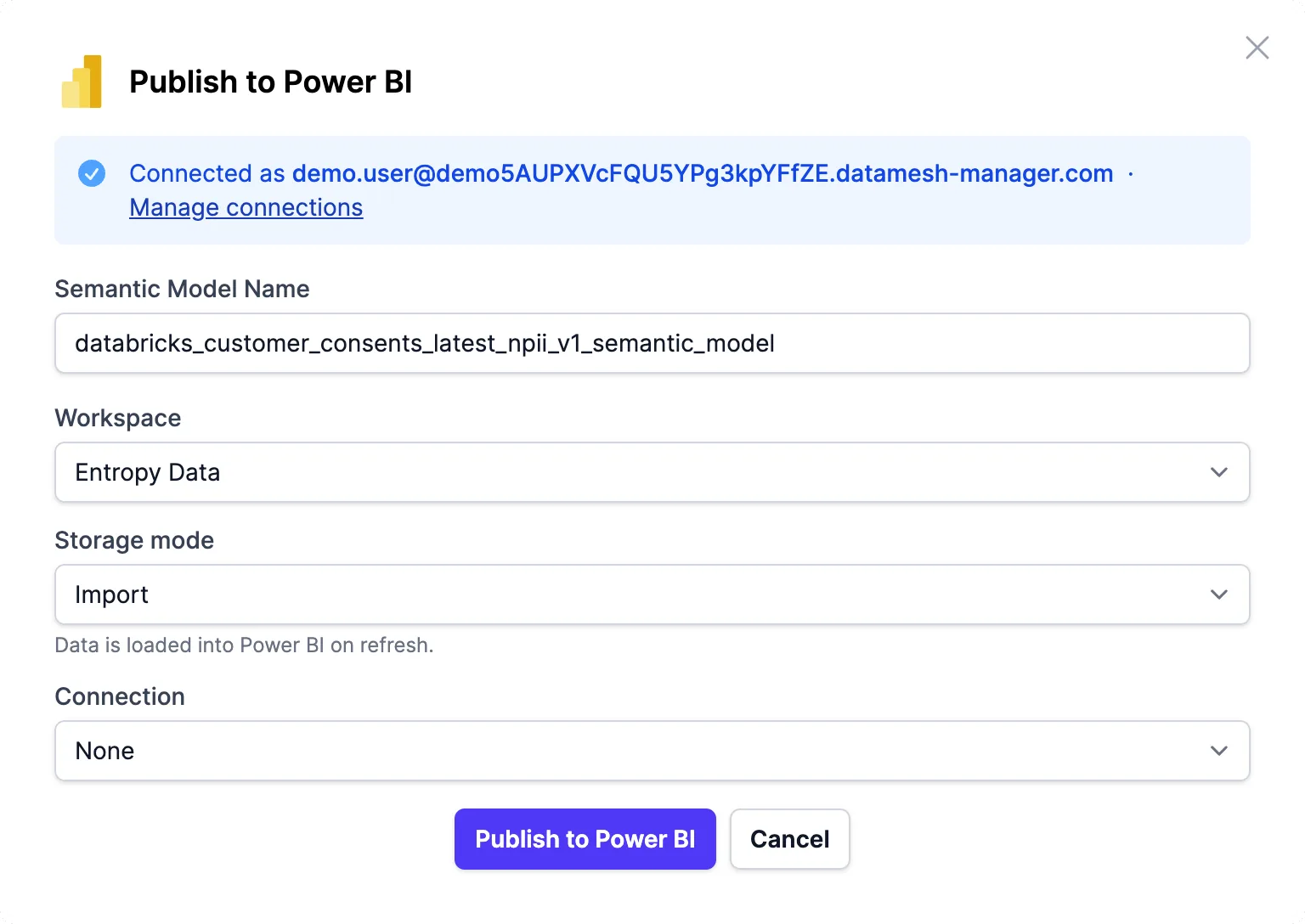 The Publish to Power BI dialog in Entropy Data, with workspace and connection options