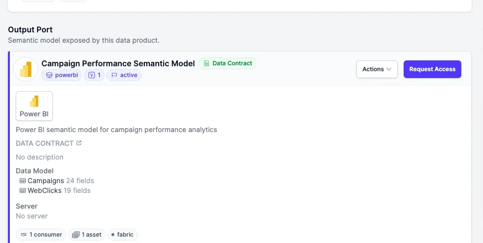 A Power BI semantic model exposed as a data product and governed by a data contract