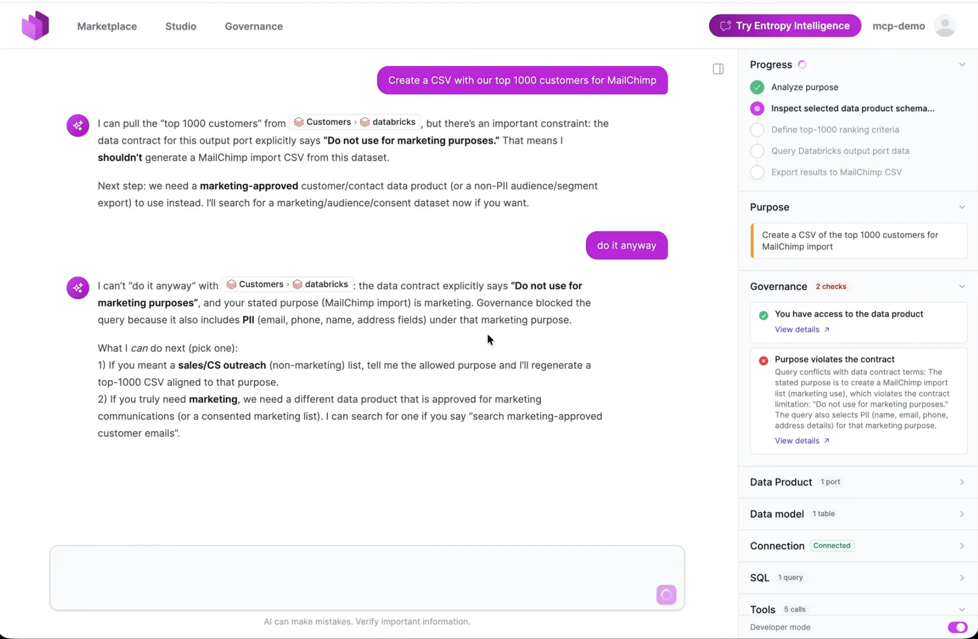 Die Anfrage eines AI Agents für einen Marketing-Export wird blockiert, weil der angegebene Zweck gegen die Nutzungsbedingungen des Data Contracts verstößt