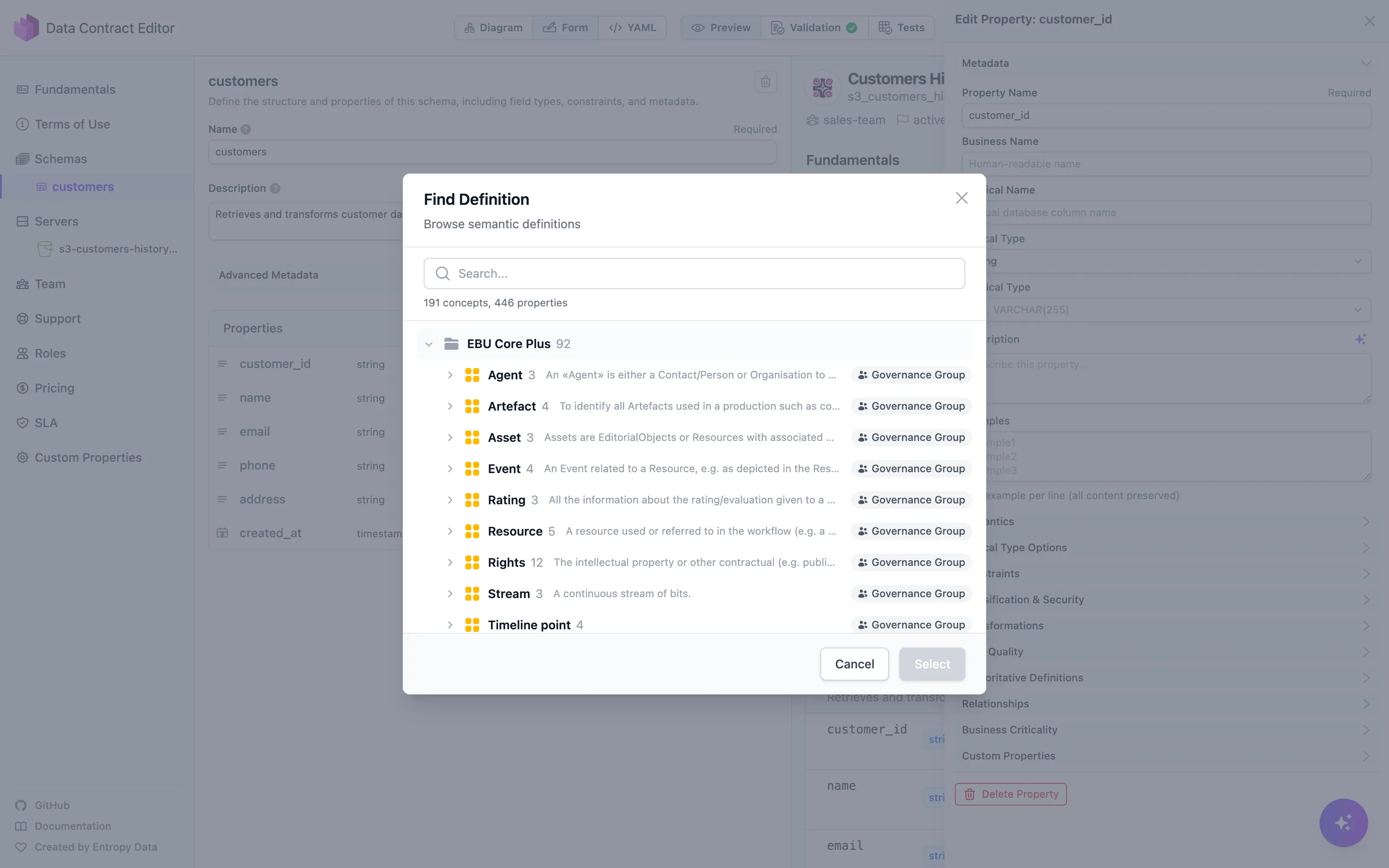 Find Definition picker in the Data Contract Editor