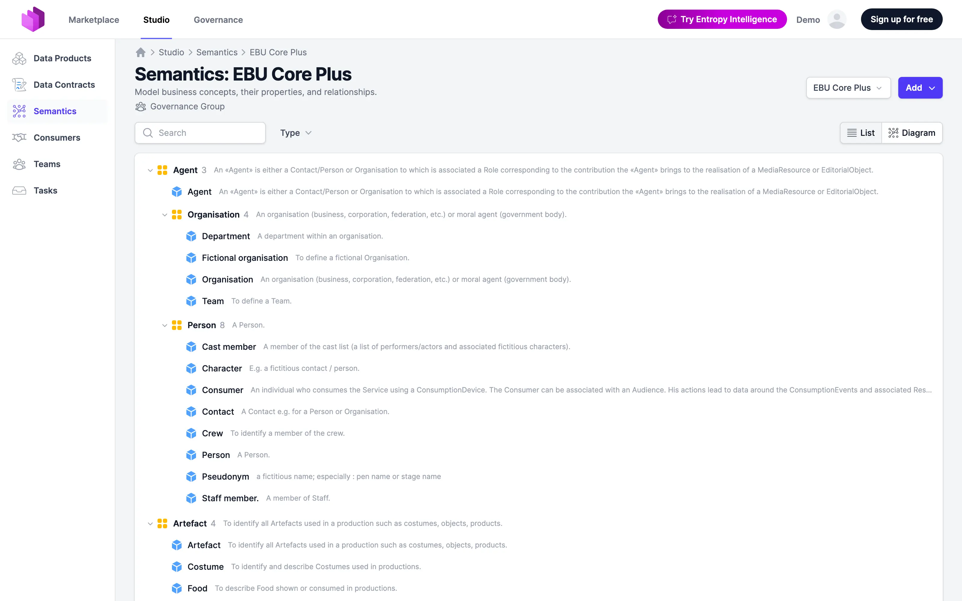Semantics list view in Entropy Data with concepts organized by group