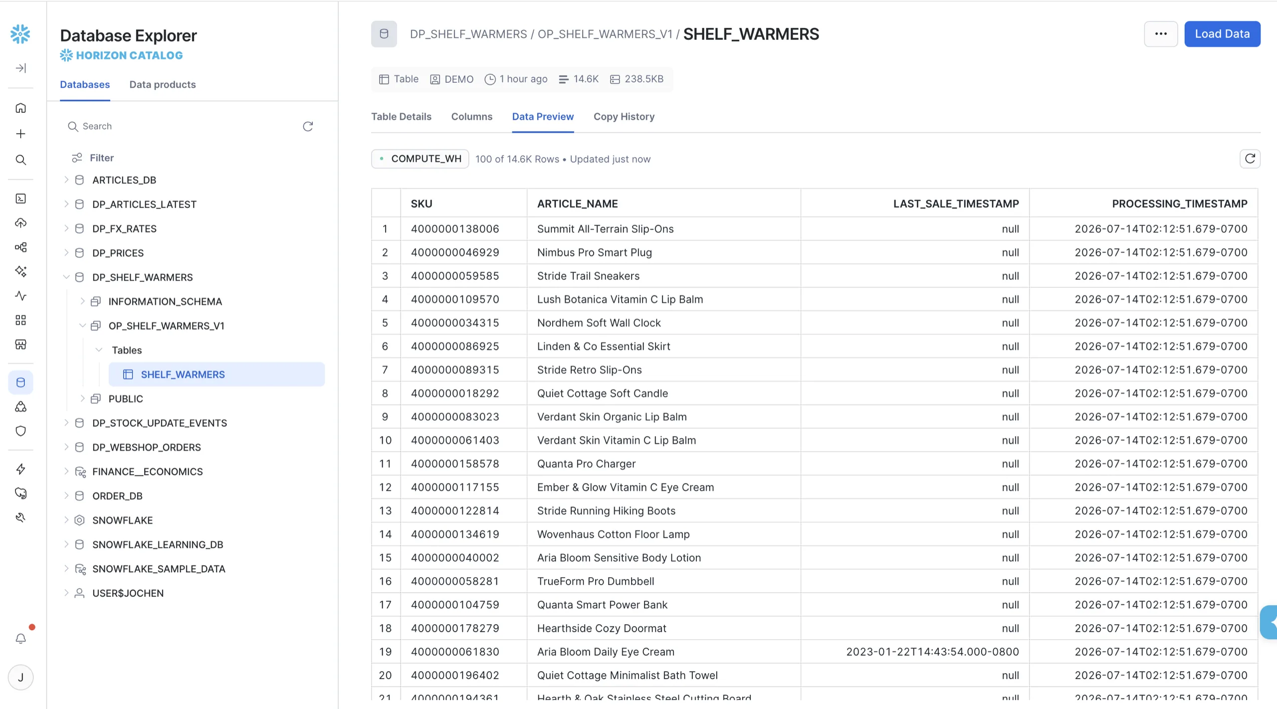 La table SHELF_WARMERS dans le Database Explorer de Snowflake, avec 14,6&nbsp;K lignes et les colonnes SKU, nom de l’article, horodatage de la dernière vente et horodatage de traitement.